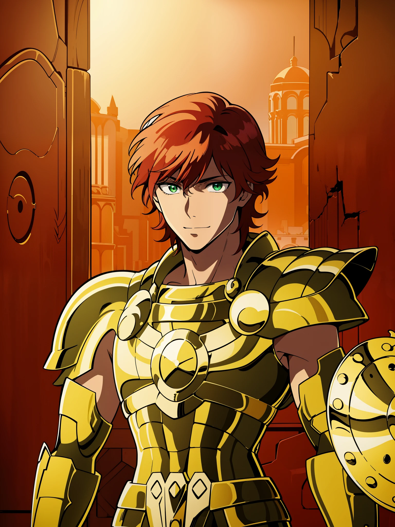 (high-quality, breathtaking),(expressive eyes, perfect face) 1boy, male, solo, red hair, short hair length, green eyes, positive expresion, greek background, portrait, symmetrical eyes, LibraArmor, aarmor, arm_shield, god_cloth, helmet narrow eyes, half open eyes, upper body, charming smile