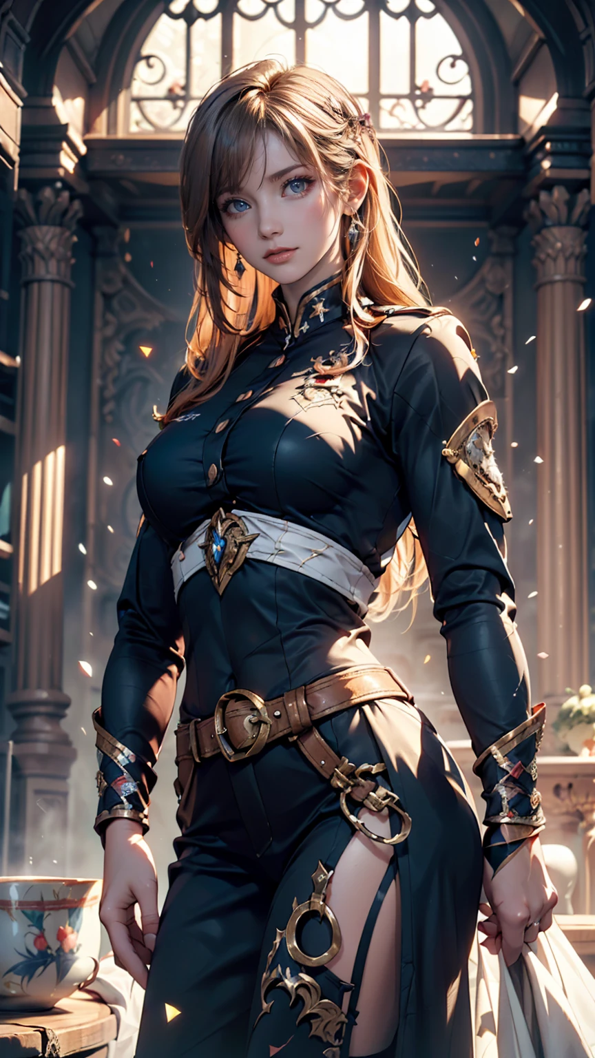 I want to be a powerful figure behind the scenes!,Iris Midgar,Red hair,long hair,Outside flip,with a single braid on one side only,Red eyes,Red Eyes,Beautiful white skin,A suit in black with gold trim,White long pants,Sapphire necklace,Photorealistic,Ultra HD,high quality,masterpiece,Digital SLR,Detailed details,Intricate details,Anatomical basis,Depicted in detail,A detailed face,Realistic skin texture,Vivid details,Perfect Anatomy,Perfect Anatomy,Anatomically correct hand,Anatomically correct fingers,Super Detail,Complex 3D rendering,The worldview of a fantasy with sexy poses,In the great outdoors,Petals of roses dance,Picturesque,Pink Lips,smile,