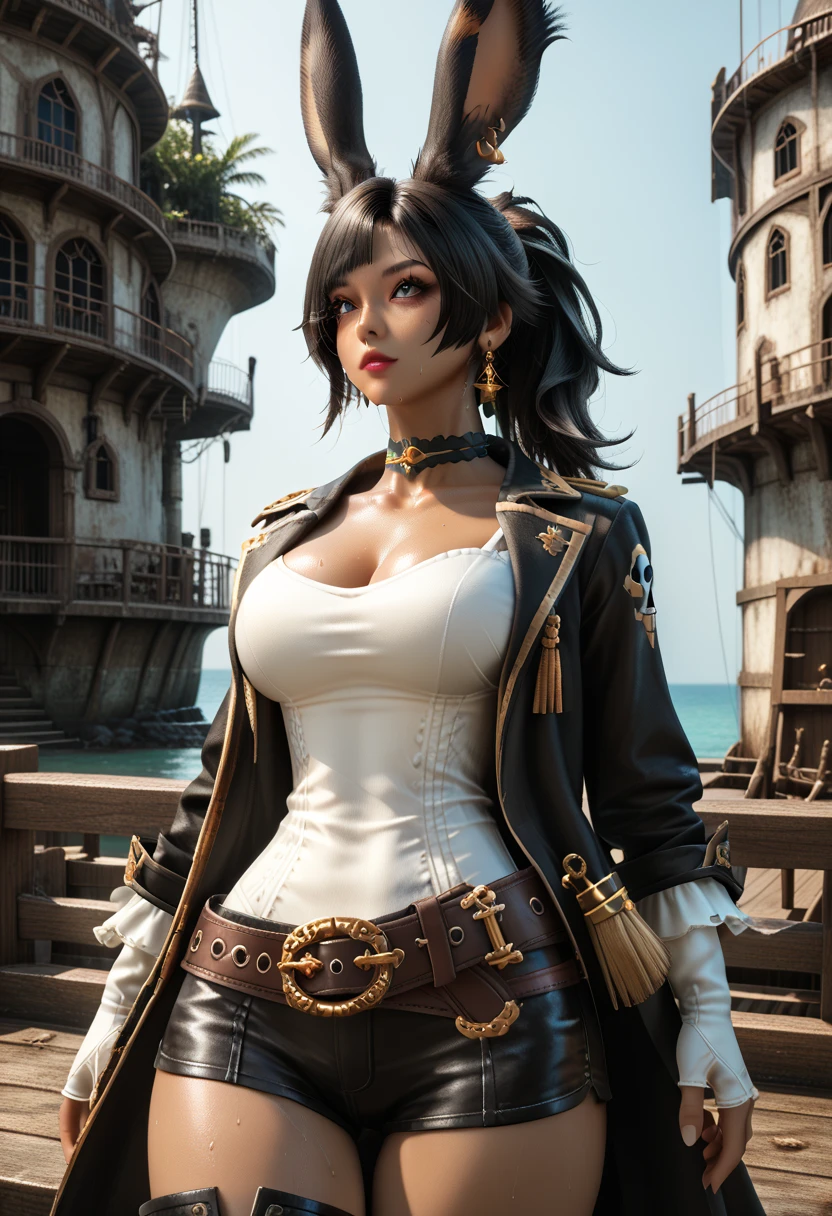 a woman sitting in an old pirate bar drinking beer <lora:BlackfangLora:0.8> 1girl, black hair, ponytail, jewelry, necklace, cleavage, long hair, coat, boots, brown eyes, gloves, belt, beautiful eyes, beautiful girl, high detail skin, high detail eyes, high detail hair, ((highres, ultra detailed, <lora:real_slider_v2:4>