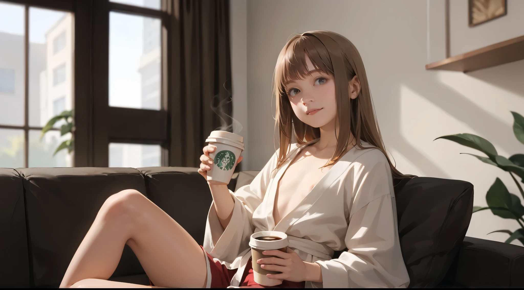 girl holding coffee cup, BREAK, girl, (solo), holding hot coffee cup, (yo, cute:1.2), (small chest:1.2), open loose draped robe, light-brown silk, maroon sporty shorts, long brown hair,