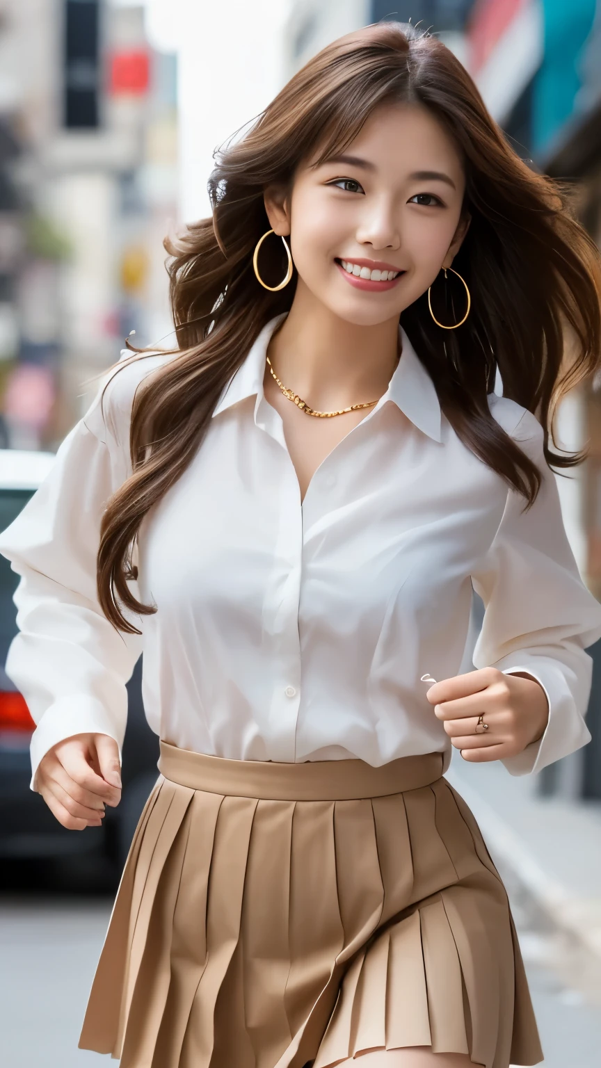 masterpiece, Highest quality, photorealistic, 超high resolution, fine-grained, high resolution, 8k Wallpaper, 1 beautiful woman,, Light Brown Disheveled Hair, wearing a business suit , sharp concentration, perfect dynamic composition, beautiful detail eyes, detailed hair , detailed realistic skin texture, smile, Closeup Portrait, model body type being committed in vs 、((Very long brown hair:1.2))、(( loose wavy hair :1.2)),((はにかんだsmile:1.3)),((gold necklace_big earrings:1.2)), full body shot 、(((Full-body supermodel standing, full body shot , show my whole body ))),(( White Long Sleeve Button Up Blouse_ with collar_Delete up to the second button_ brown pleated mini skirt :1.3)),((smileで_ running towards here_ Long Hair Fluttering :1.3))