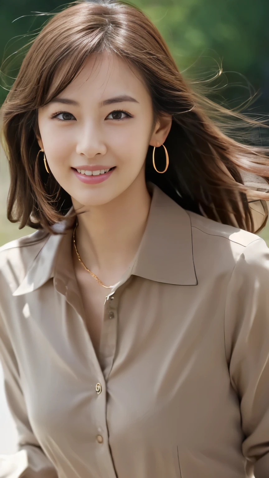 masterpiece, Highest quality, photorealistic, 超high resolution, fine-grained, high resolution, 8k Wallpaper, 1 beautiful woman,, Light Brown Disheveled Hair, wearing a business suit , sharp concentration, perfect dynamic composition, beautiful detail eye, detailed hair , detailed realistic skin texture, smile, Closeup Portrait, model body type being committed in vs 、((Very long brown hair:1.2))、(( loose wavy hair :1.2)),((はにかんだsmile:1.3)),((gold necklace_big earrings:1.2)), full body shot 、(((Full-body supermodel standing, full body shot , show my whole body ))),(( White Long Sleeve Button Up Blouse_ with collar_Delete up to the second button_ brown pleated mini skirt :1.3)),((smileで_ running towards here_ Long Hair Fluttering :1.3))