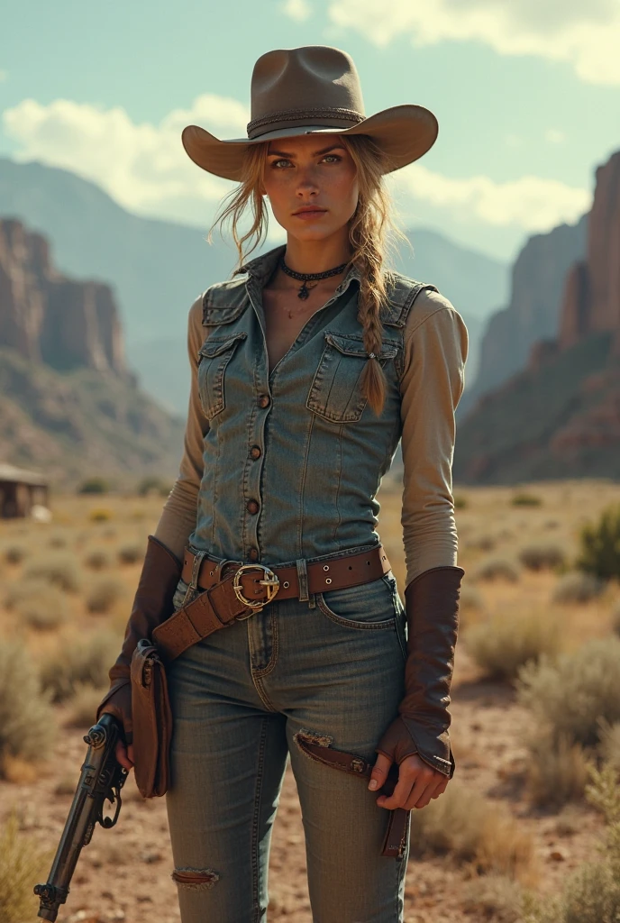 (Beauty feces(Woman Western:1)portraitures:1.5)Wind-swept wilderness landscape(((​masterpiece)))、((top-quality))、A MILF、blue eyess、Western Costumes、Brown pants、8K、The ultra-detailliert、realisitic、landscapes、concept-art、exceptionally detailed RAW color photo、Side angle、(lensflare:0.7)、particle effect、Ray latching、Cinema Trick Writing、Shallow depth of field、Shot with Sony Alpha 1、50mm wide angle lens、Foconitide、Cinematic Film Still、 dynamicposes、、(realisitic:1.3)、a blond、Woman Western、Gun belt.large full breasts、gazing at viewer、超A high resolution、Rugged look、Brown Western Hat,