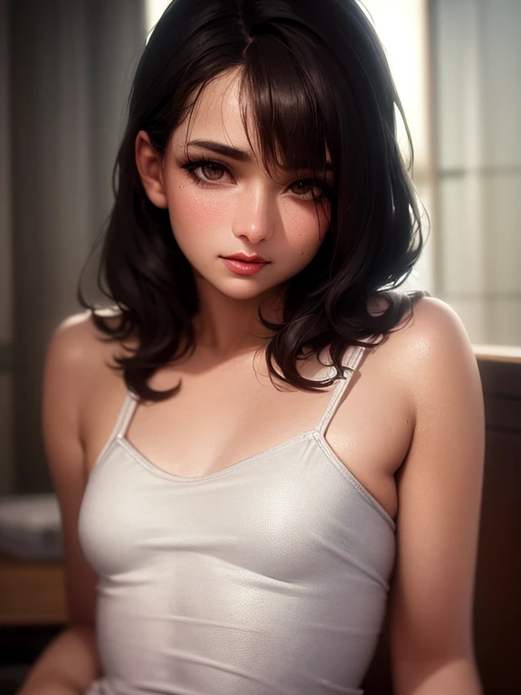 girl at a nightclub sitting at bar, eyeliner (masterpiece) (best quality) (detailed) (8k) (HDR) (wallpaper) (cinematic lighting) (sharp focus) (intricate) freckles, biting lip, short hair, slutty outfit, sexy, blush, aroused, cleavage, shiny boobs, wet skin