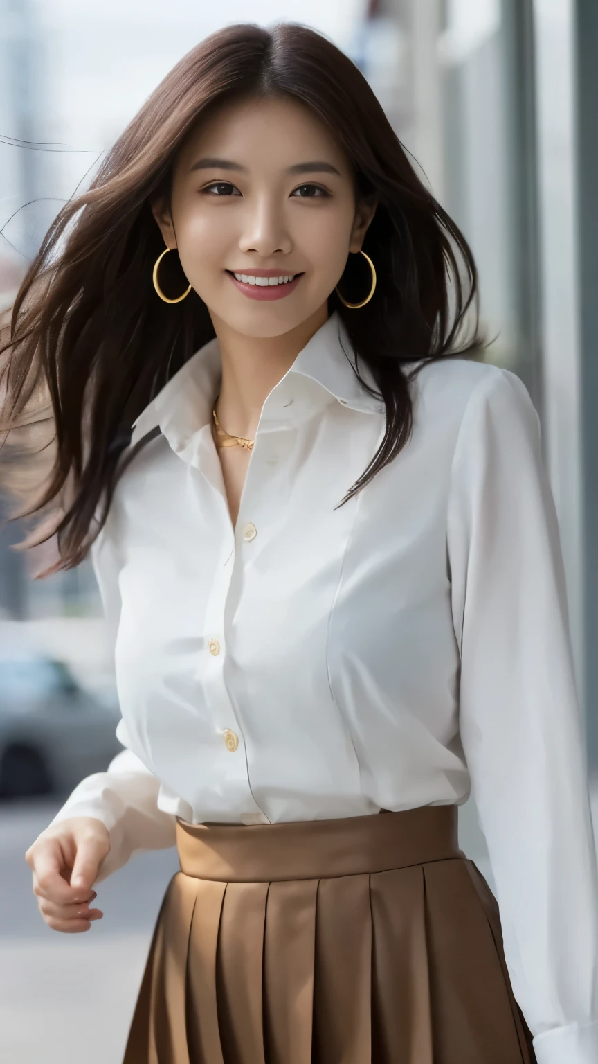 masterpiece, Highest quality, photorealistic, 超high resolution, fine-grained, high resolution, 8k Wallpaper, 1 beautiful woman,, Light Brown Disheveled Hair, wearing a business suit , sharp concentration, perfect dynamic composition, beautiful detail eye, detailed hair , detailed realistic skin texture, smile, Closeup Portrait, model body type being committed in vs 、((Very long brown hair:1.2))、(( loose wavy hair :1.2)),((はにかんだsmile:1.3)),((gold necklace_big earrings:1.2)), full body shot 、(((Full-body supermodel standing, full body shot , show my whole body ))),(( White Long Sleeve Button Up Blouse_ with collar_Delete up to the second button_ brown pleated mini skirt :1.3)),((smileで_ running towards here_ Long Hair Fluttering :1.3))