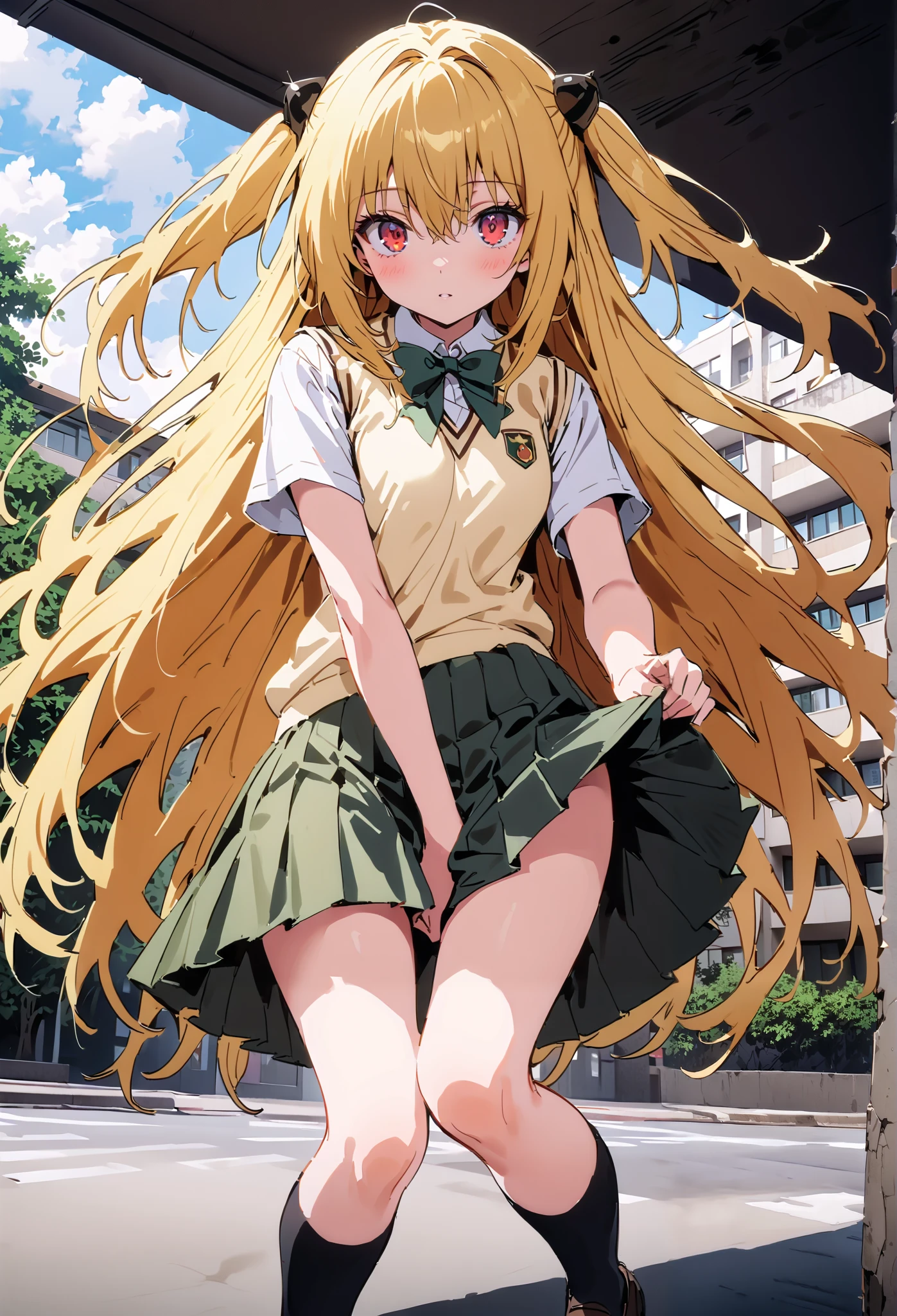 score_9, score_8_up, score_7_up, source_anime,
toloverudarkness, darkness, yellow hair , long hair, red eyes, hair ornaments close to the garden, two side up,
Sainan school uniform, shirt, white shirt, bow, green bow, skirt, green skirt, pleated skirt, short skirt,sweater , light brown sweater vest, short sleeve,Black socks,loafers, skirtタグ, eyelashes skirt tug, skirt, Lift of the Wind , mad at my anal,close your mouth, staring at you,angle from below,noon,full bodyがイラストに入るように, break outdoors, School building,
break looking at viewer,full body,
break (masterpiece:1.2),Highest quality , kampala, Unity 8K Wallpaper ,(shape:0.8),( fine, beautiful eyes :1.6),It's a person ,full body写真,CG Details , ( perfect hands, complete anatomy),