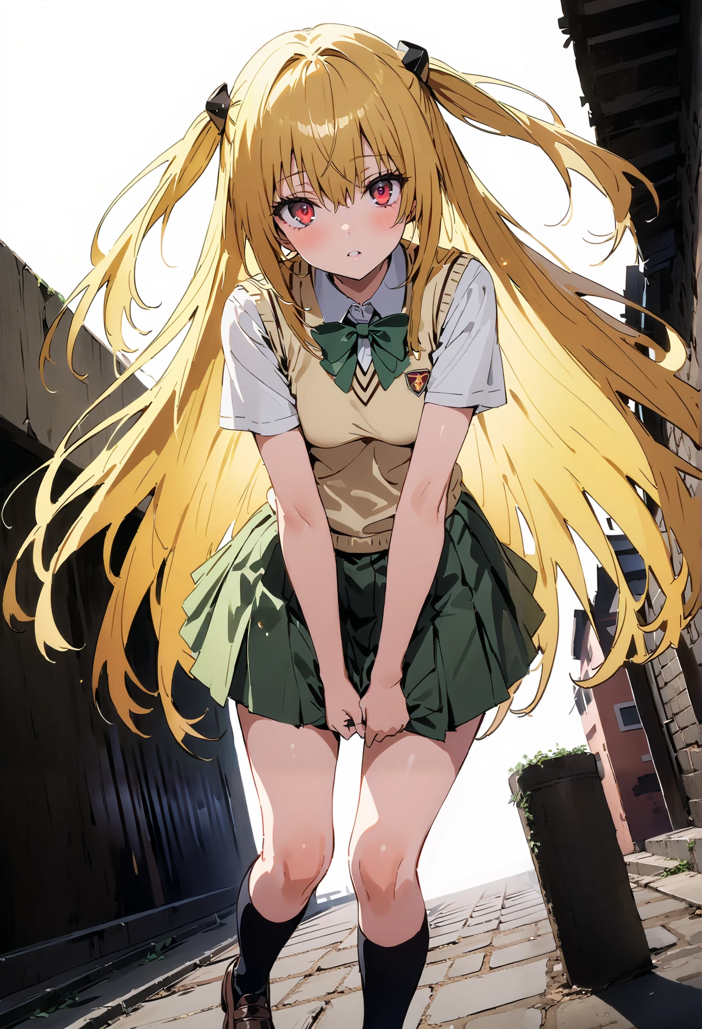 score_9, score_8_up, score_7_up, source_anime,
toloverudarkness, darkness, yellow hair , long hair, red eyes, hair ornaments close to the garden, two side up,
Sainan school uniform, shirt, white shirt, bow, green bow, skirt, green skirt, pleated skirt, short skirt,sweater , light brown sweater vest, short sleeve,Black socks,loafers, skirtタグ, eyelashes skirt tug, skirt, Lift of the Wind , mad at my anal,close your mouth, staring at you,angle from below,noon,full bodyがイラストに入るように, break outdoors, School building,
break looking at viewer,full body,
break (masterpiece:1.2),Highest quality , kampala, Unity 8K Wallpaper ,(shape:0.8),( fine, beautiful eyes :1.6),It's a person ,full body写真,CG Details , ( perfect hands, complete anatomy),
