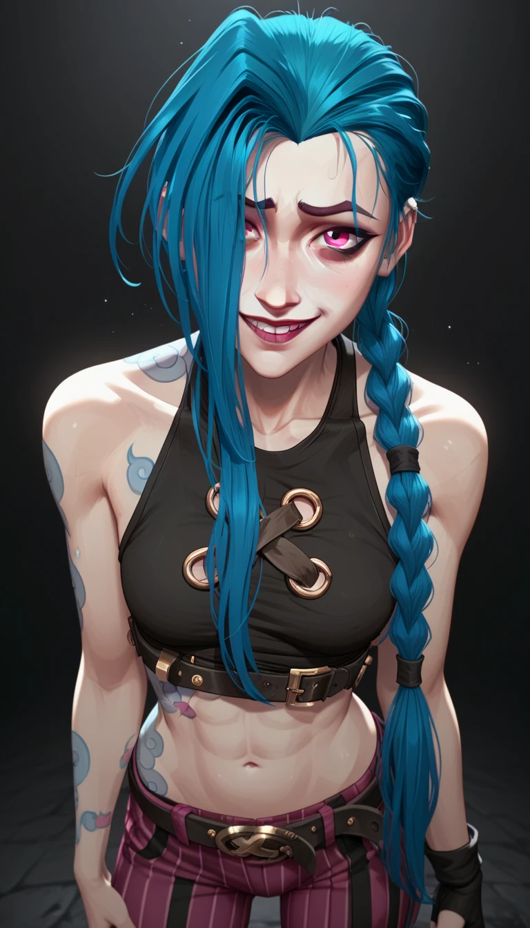 analog style, model shoot style, RAW (close portrait:1.4) of (JinxLol:1.1), centered face, 1girl, (shiny pink eyes:1.7, blue hair), (shiny body), ((hands out of camera:1.5)), looking at viewer,
((evil:1.3, bow one's head:1.3, night:1.3, scared:1.3, horrified:1.3, constricted pupils:1.7, crazy smile:1.6)), medium breasts, arm tattoo, stomach tattoo, ((blood on face:1.4)),
best quality, epic (by lee jeffries photo, sony a7, 50 mm, pores:1.5, colors, hyperdetailed:1.5, film grain:1.4,
hyperrealistic: 1.5), hyper-realistic lifelike texture, masterpiece, unreal engine 5, Extremely detailed CG unity 8k wallpaper, realistic eyes,
Madly detailed photo, (ecstasy of light and shadow, deep shadow), (Winner of the Pulitzer Prize for Photography and Taylor Wessing Photographic Prize)