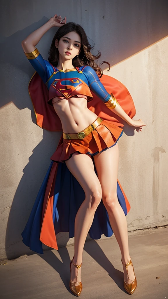 8k, best quality, real picture, intricate details, ultra-detailed, ultra highres, hyper detailed face, beautiful face, depth field,(photorealistic,realistic:1.2), masterpiece,photo of 1girl, supergirl, superhero, arms on hips, realistic, red cape, bodysuit, red skirt, red boots, pantyhose, blue eyes, blonde hair, lips, long hair, solo, ((lying on back:1.8)), (eyes close:1.9), defeated from fighting, (painful:1.4), ((wounded)), ruined city background by lee jeffries, nikon d850, film stock, photograph 4 kodak portra 400 camera f1.6 lens, rich colors, hyper realistic, lifelike texture, dramatic lighting, unreal engine, trending on artstation, cinestill 800, ((whole body)),