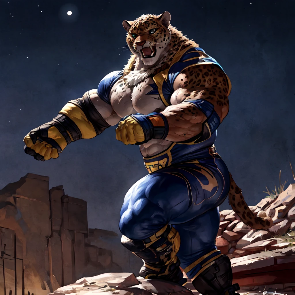 king, tekken, 4k, high resolution, best quality, detailed, posted on e621, solo, human body, jaguar head, male, very muscular, (black background, plain background:1.1), correct anatomy, skin, (realistic skin, realistic lighting, strong shadows, dramatic lighting):1.3, (by wfa, by takemoto arashi, by meesh, by Taran Fiddler):0.8, sweat:1.4, detailed jaguar eyes, wrestling outfit, bare chest, shirtless, wrestling gloves, flexing arms, flexing biceps, angry face, fists, correct fists,
