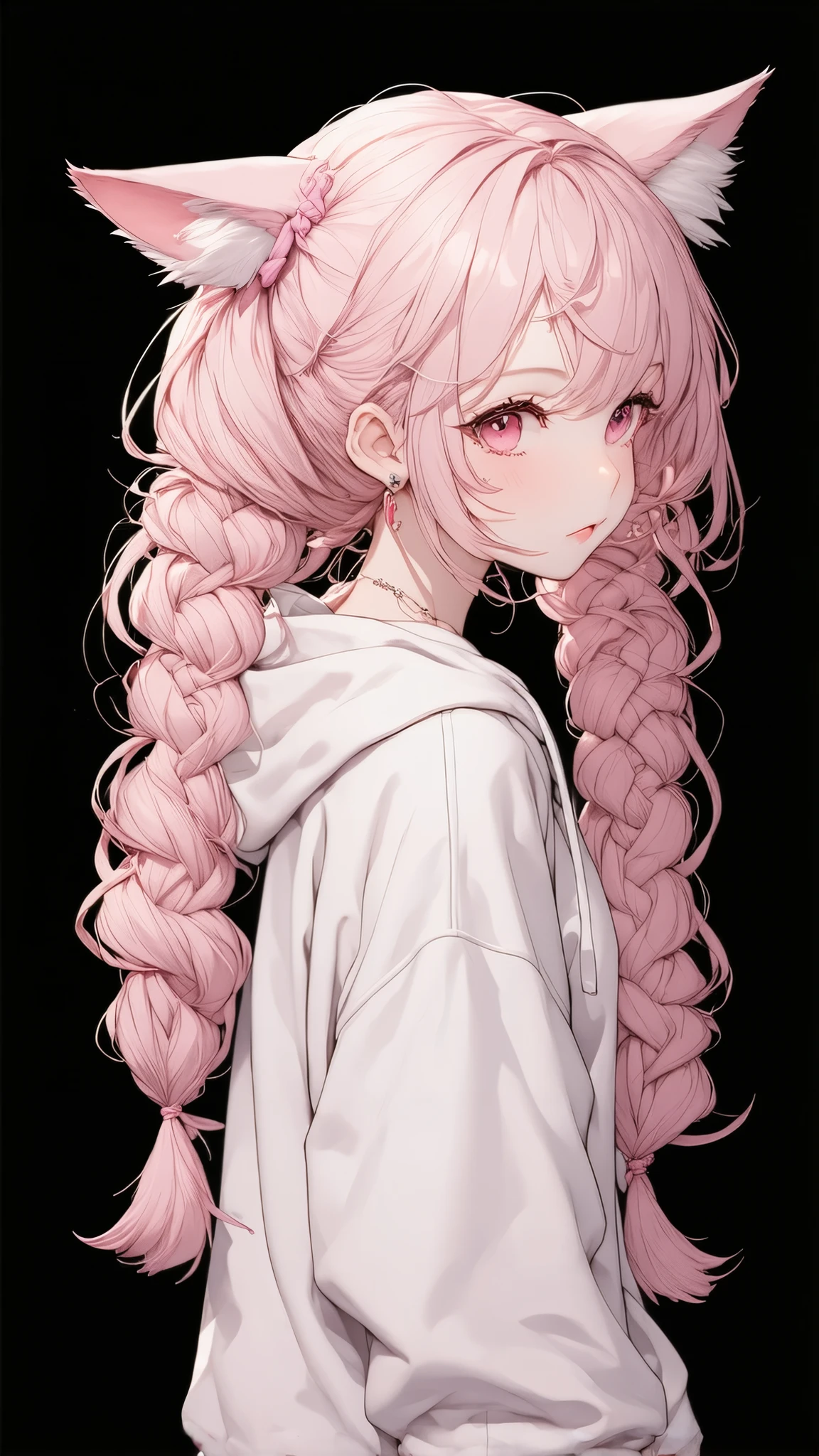 She was young々gives a slightly shy impression.  She has cat-like ears , and a tail that matches the color of her hair, In particular, cat-like ears and tail, The image is an anime-style digital drawing, Styling light pink hair in double braids, Styling light pink hair in two braids {x} Light pink at the roots to the tips Wavy pink hair with a subtle gradation to dark pink.  she's eye-catching , Wavy white hair decorated with cat ears and tail. She has an expressive, Wavy pink hair with cat ears and tail