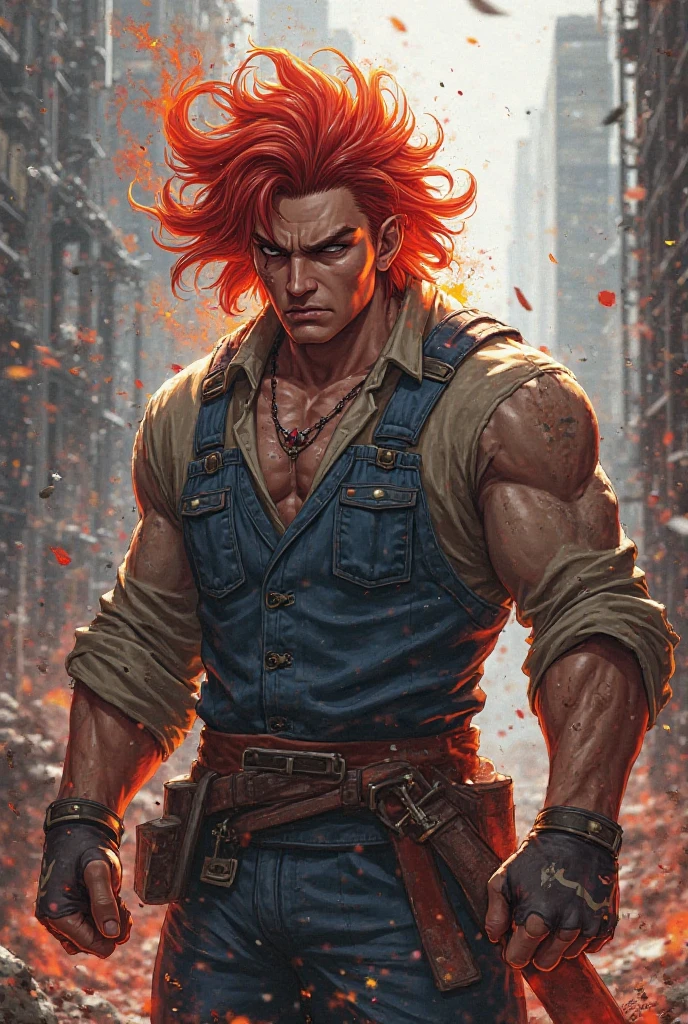 a tall, strong young man, but with the muscles not so apparent, with some bestial features, like feline ears and slightly enlarged canines, wearing a dark medieval-style leather vest and pants, he has a little more hair on his forearms and chest, red hair in a darker shade and he has a friendly face with a small scar on his eyebrow