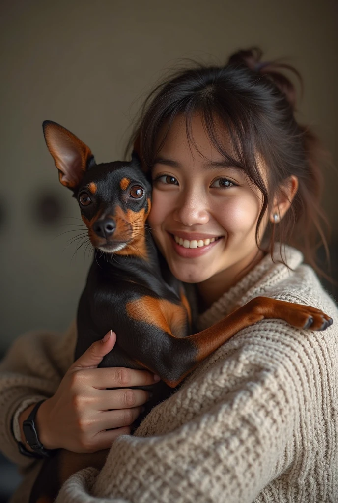 medium shot, asian girl 20 years old, happy face, hold a dogs. at park. outdoor. have heart face shape, olive skin, messy hair, black medium hair, wearing sexy outfit, daylight
