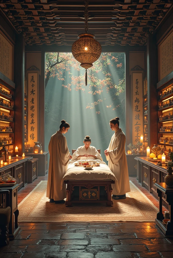 Sense of lens，Ancient，Chinese ancient style house，Main house master bedroom，Pregnant woman lying on bed，Surrounded by several busy midwives，Detailed description of interior decoration，Movie quality，Movie storyboard，8k，Ultra-clear，Hyperrealism