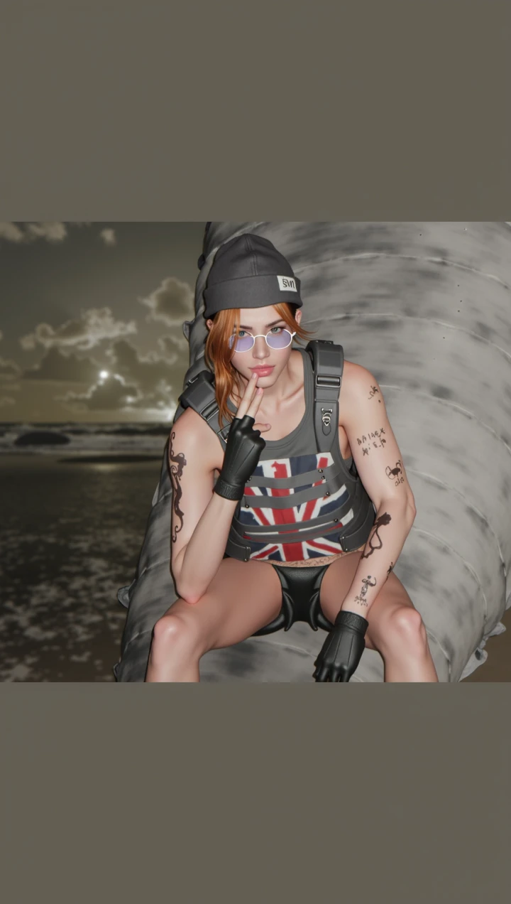 a girl looking at her sell phone she is on a boat with her bike, she is wearing a t shirt with a picture of Marilyn Monroe, she has tattoos on her legs, beautiful face, perfect face, perfect hands, big but, masterpiece, best quality, 8k, natural lighting, soft lighting, sunlight