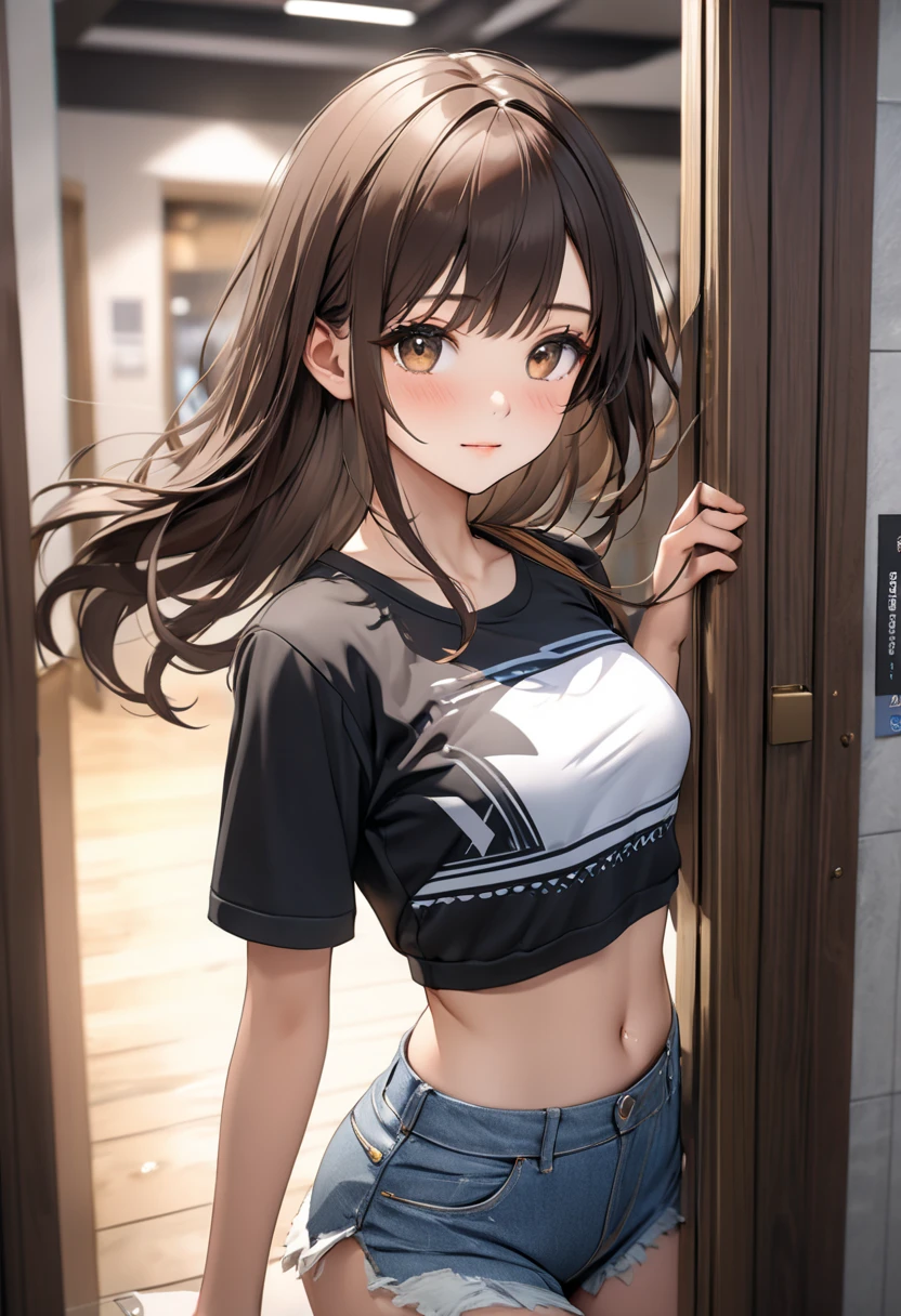 ((masterpiece,  best quality, high resolution, UHD,  perfect pixels , depth of field, 4k, RTX, hdr))), 1 girl, single, alone,  beautiful anime girl ,  half body, beautiful artistic style,  anime character , ((serene expression, childish gaze,  beautiful face), (long hair loose up to the back rippling in the wind, Bangs, dark brown hair)), (brown eyes: 1.4,  not-so-rounded eyes , beautiful eyelashes,), (detailed face, blush: 1.2), (smooth texture: 0.75,  realistic texture: 0.65, Photorealistic: 1.1, anime cg style), medium breasts, foreground, ( from the front, modeling with an arm at shoulder height), Perfect body, (blue mesh navel jacket, black navel sports blouse with silver prints, denim miniskirt made of planks the same color as the jacket, black socks above the knees), ((in the background the door of a fitting room of a department store)