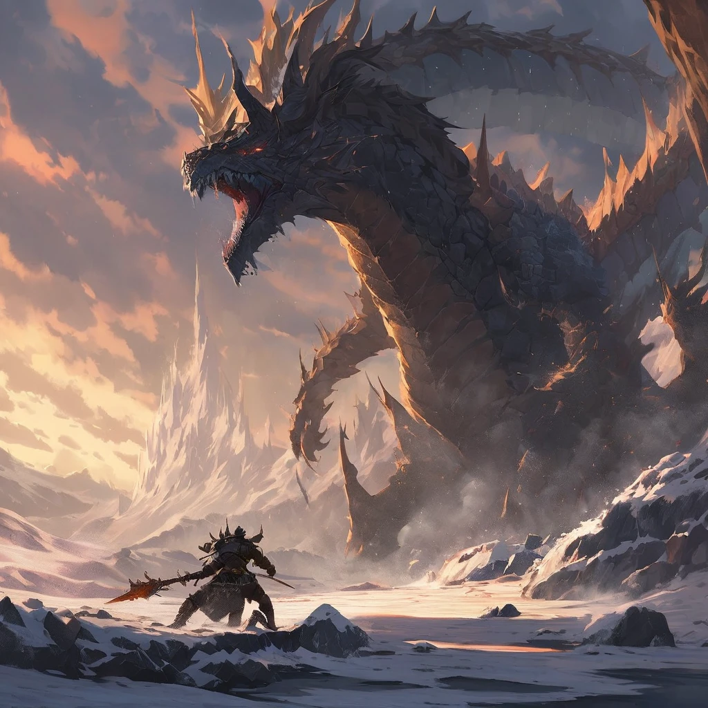 knight confront winter dragon, fire dragon, fire in mouth, ruined castle,debris, dark ,snowy winter,fog, dramatic scene, movie scene, fire, view from below, unreal engine, hyper detailed, volumetric lighting,8K, Ultra-HD, photo realism, cinematic rendering, ray tracing, highest quality