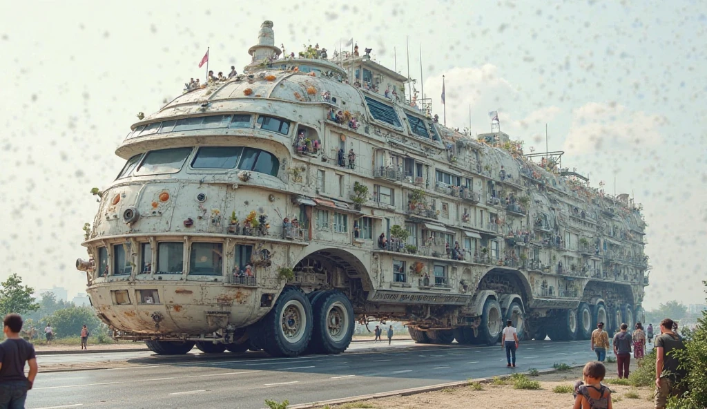 <lora:ssta:0.4>ssta, road, grass, truck, cars, trailer homes stacked with gigantic robot parts, mountains, clouds, american flag, wires, cyberpunk, ruins, technofuturistic ghetto, alien