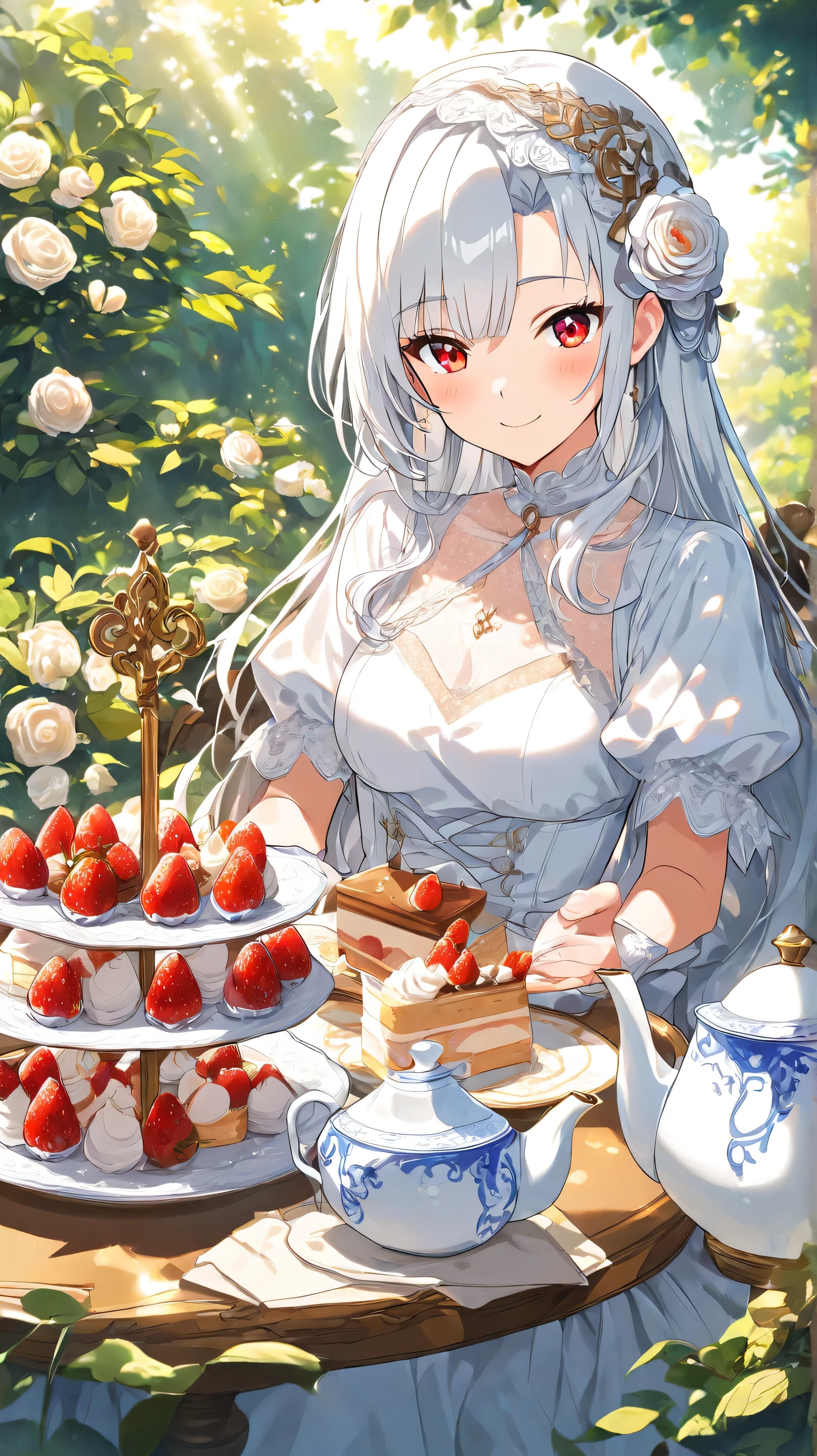 Masterpiece, Best Quality, Top Quality, Very Detailed, A beautiful anime girl with long, flowing silver hair and bright red eyes, elegantly dressed in a red and white gothic-inspired outfit with intricate details. She sits gracefully at an outdoor tea party, holding a plate of desserts with a confident smile. The table is adorned with luxurious cakes, fresh strawberries, a porcelain teapot, and a bouquet of red and white roses. Sunlight filters through the lush greenery, casting a warm and enchanting glow over the serene setting.