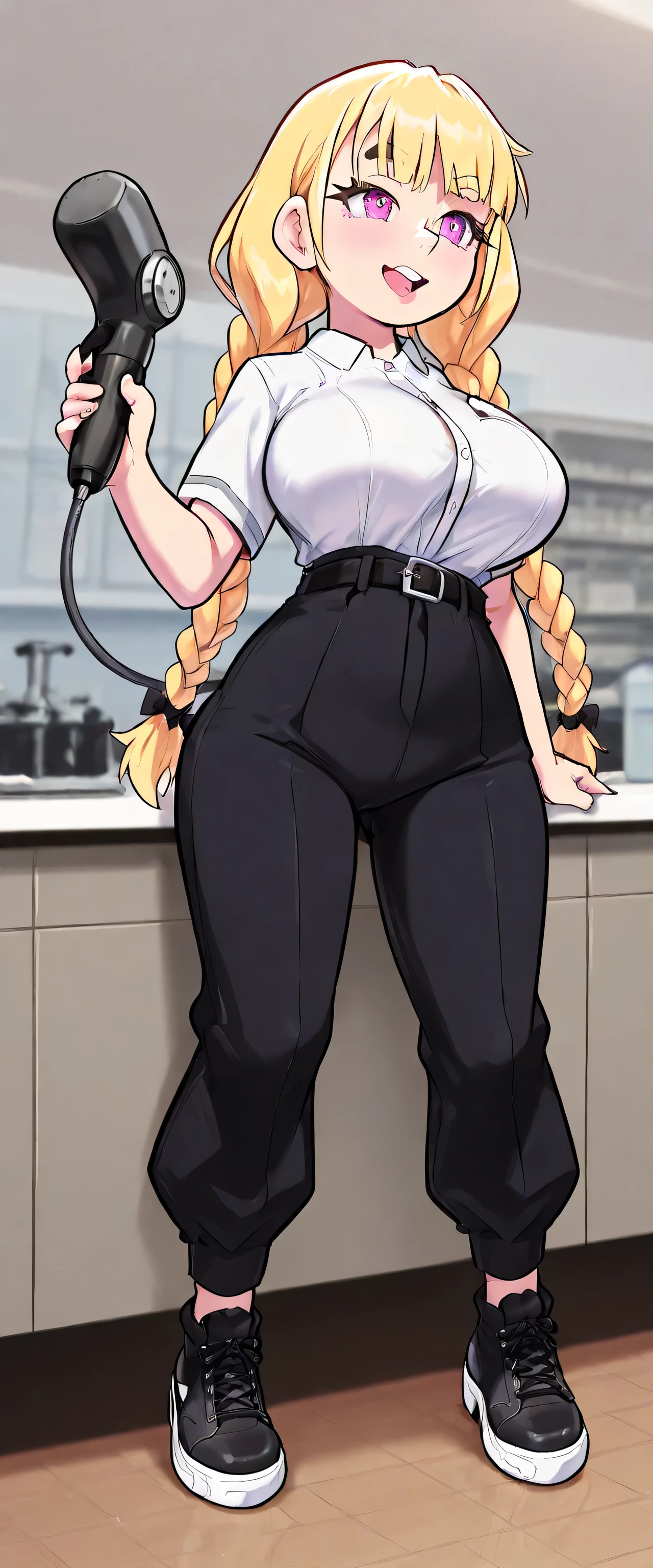 A sexy big girl big breasts attractive beauty yellow hair long disheveled curling iron two braids long black eyebrow her pink eye dresses white button office shirt and black pants long wide black belt sneakers black heel shoes black heel