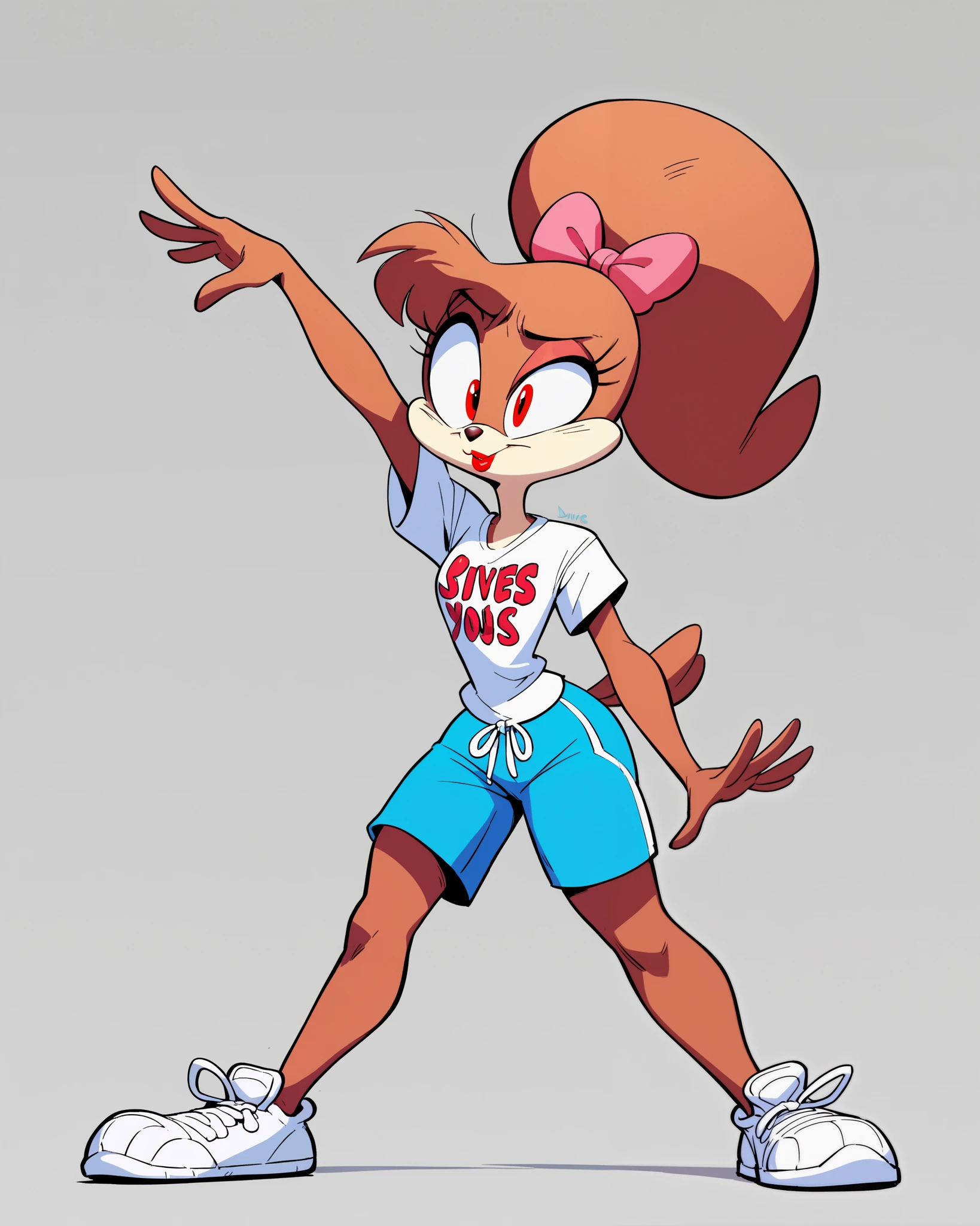 An animated style medium shot of Sam Packard, presumably female mobian hedgehog, with brown fur, red lipstick, and red eyes. She wears a light blue t-shirt with the word 'Cloud' written on it, blue shorts, and white sneakers. Her hair is styled in a ponytail with a pink bow., tiny toons style, by diives,