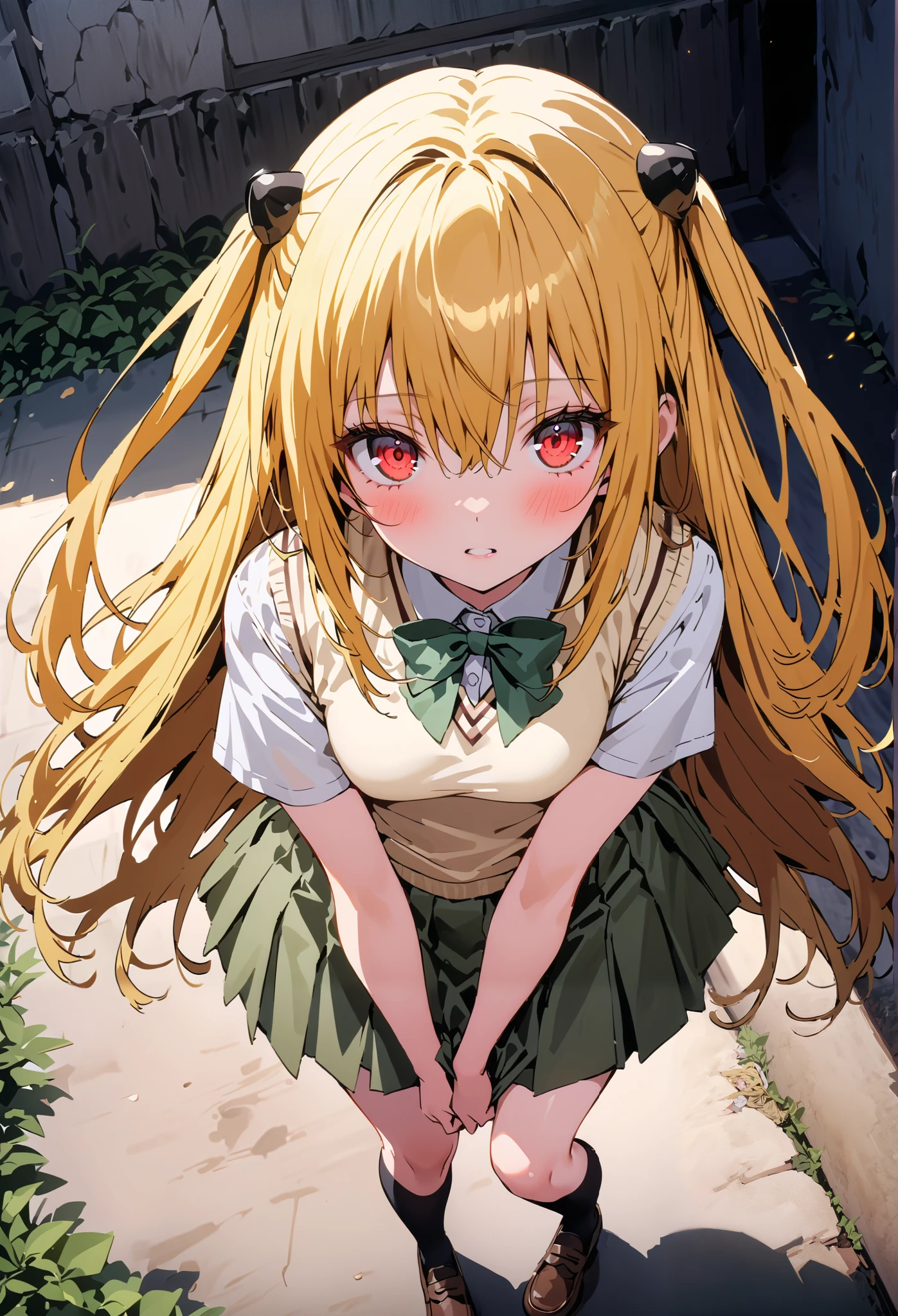 score_9, score_8_up, score_7_up, source_anime,
toloverudarkness, darkness, yellow hair , long hair, red eyes, hair ornaments close to the garden, two side up,
Sainan school uniform, shirt, white shirt, bow, green bow, skirt, green skirt, pleated skirt, short skirt,sweater , light brown sweater vest, short sleeve,Black socks,loafers, skirtタグ, eyelashes skirt tug, skirt, Lift of the Wind , mad at my anal, teary eyes in the store,embarrassing,close your mouth, staring at you,angle from above,noon,full bodyがイラストに入るように, break outdoors, School building,
break looking at viewer,full body,
break (masterpiece:1.2),Highest quality , kampala, Unity 8K Wallpaper ,(shape:0.8),( fine, beautiful eyes :1.6),It's a person ,full body写真,CG Details , ( perfect hands, complete anatomy),