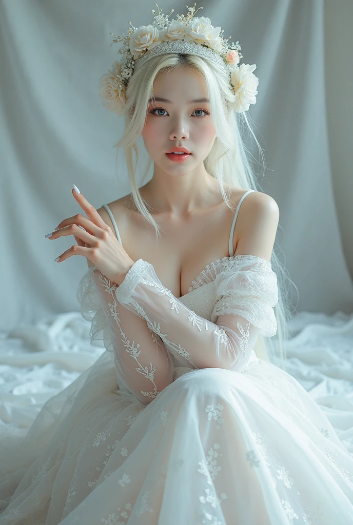 ((Very Sharp Photo Result & Detailed Face)) (((Detailed Texture))) (((Masterpiece))) (((Hyper Realistic Photo)) Night Scene, Less Light, Backlight Dramatic Shoot Of A Pretty Pale Japanese With Long Wavy White Hair, Gothic Makeup With Good Body, Hands Covering Her Chest, Tights Raised, Moist Glowy Body Skin, Wear Short White Dress, Lies On The Concrete Cracked Texture Grave Ground With Aestethically Pose, Graveyard Environtment, Gravestones, Dramatic Shade Of Light, Good Body Proportion, Dramatic Light & Shadow Photography, Blue Tone Lighting Accents, Correct Hand & Fingers Anatomy, upskirt, showing white lace thongs.