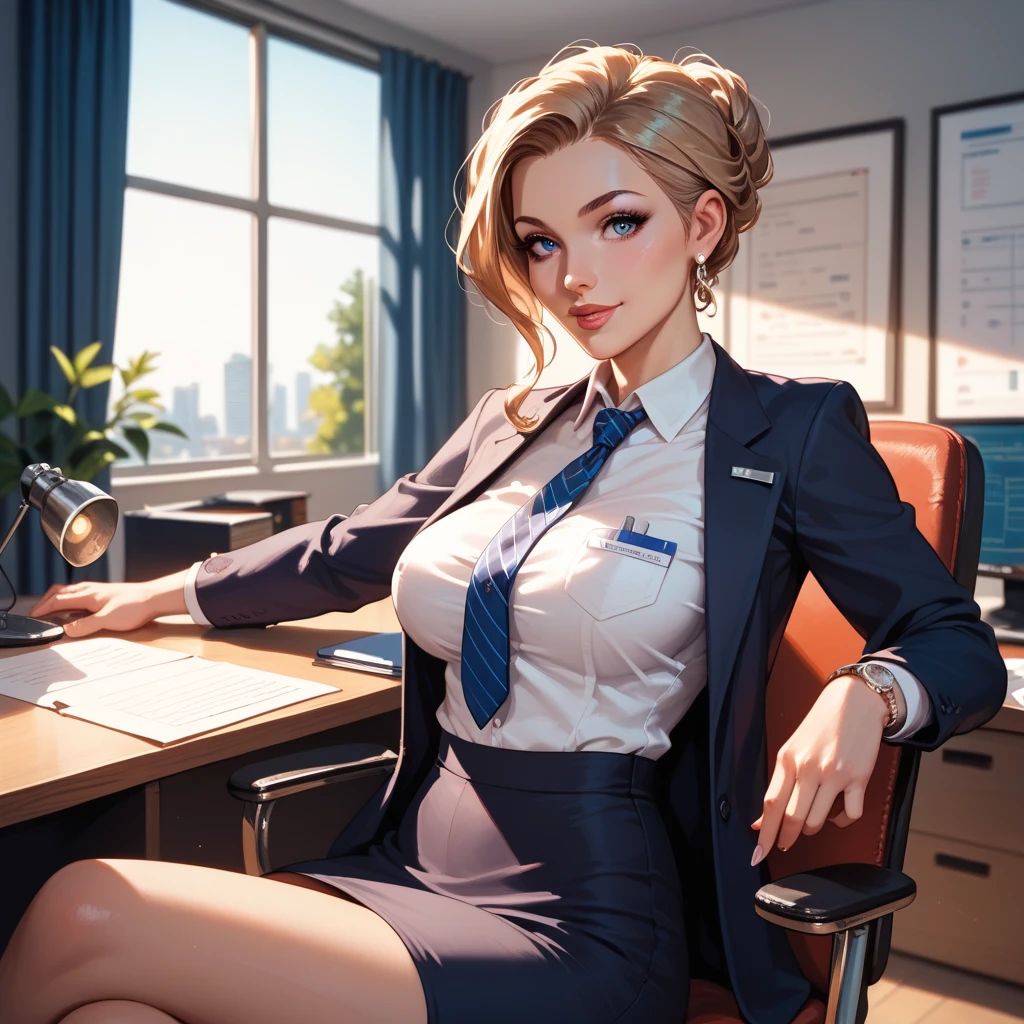 (imagem baseada no Seed: 5DE4CE749F) an office desk with a computer, Na tela do computador, showing financial charts, ((actress Lena Paul looks very pretty in business clothes)),In the background, an all-glass wall showing the surrounding buildings, (melhor qualidade) (4k resolution), Realistic, muitos detalhes,