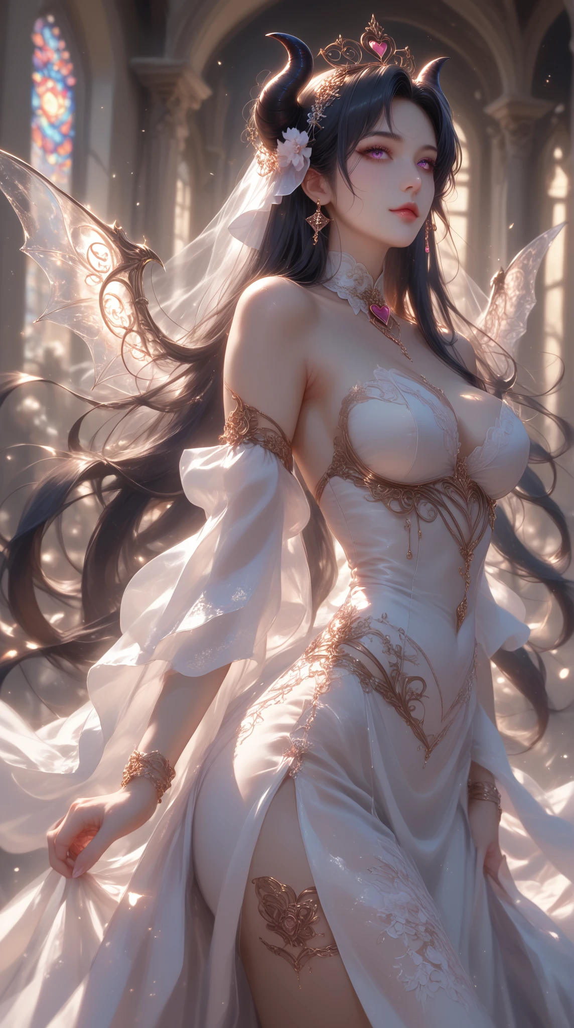 Ultra high quality，8K，Girls do not show their breasts，Lace top，High cold wind，red lip，The head proportions are perfect，silverlong hair，Princess dress red and white color scheme，Swan neck，and the sun is shining，necklace of diamonds，Get it all together，The color of the clothing is bright, High saturation，High detail depiction，wings
