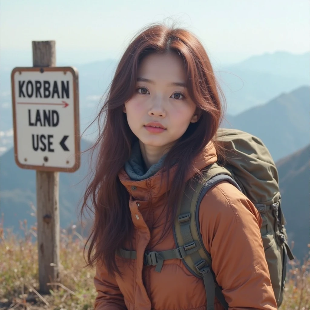 a beautiful korean woman, long haired maroon brown, fair skin, round-eyed , nasolabial, lips slightly thick, chubby cheeks, wear ootd complete hiking clothing as well as hiking attributes, Next to it is a directional guide board that reads "K0RBAN LAND USE". Cool mountaintop background.
