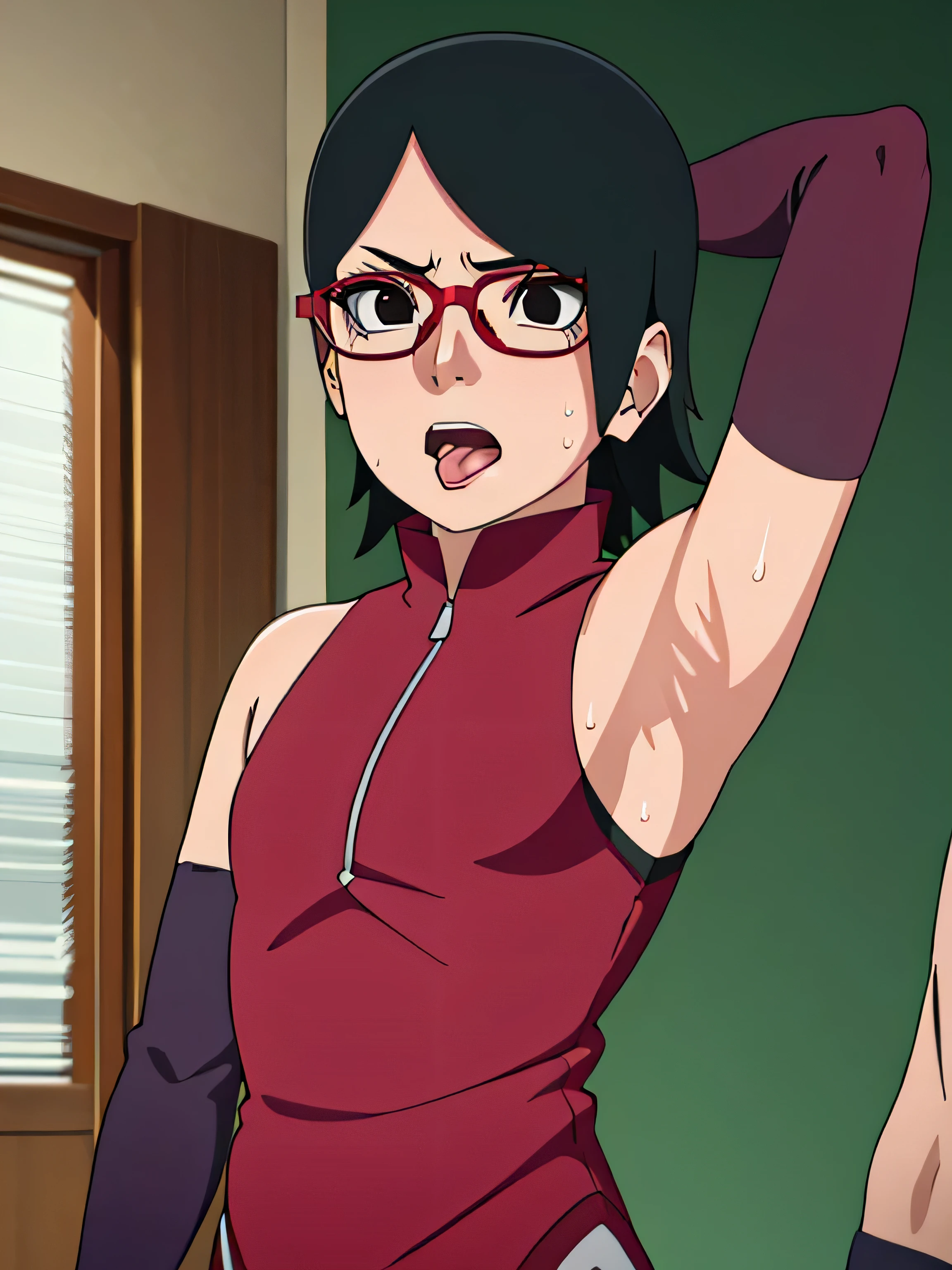 Sarada Uchiha,human woman with fair skin. She is a r with black eyes and red clothing. Her hair is black in color; She is beautiful.Wearing red rimmed glasses.Tsundere face. Pink eye shading,mature appearance,armpits,sweat,sweaty,sweaty armpits,arms up,showing armpits,awesome armpits,outfit,blackish red arm warmers,maroon arm bands,maroon arm warmers,showing tongue,tongue out