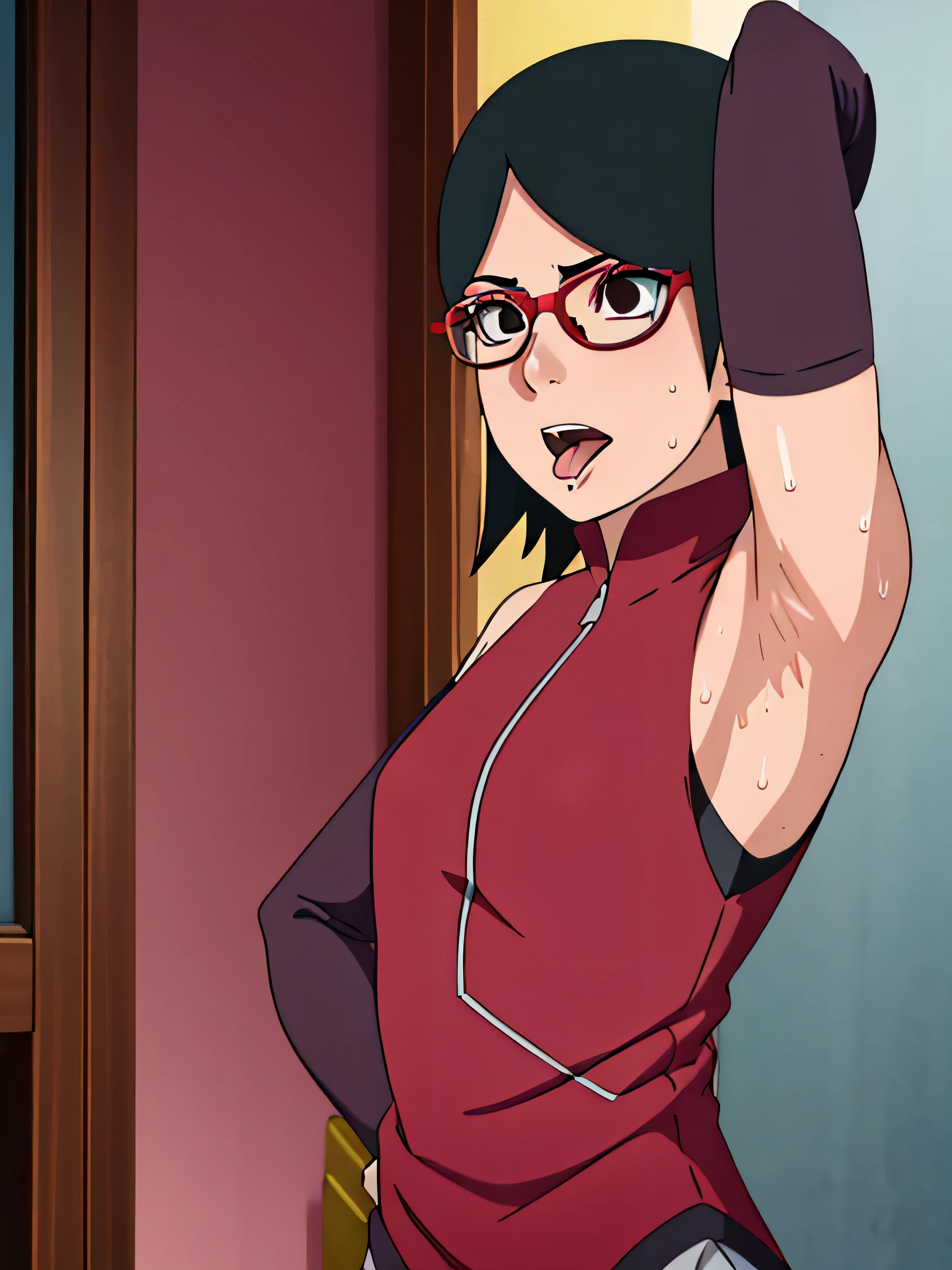 Sarada Uchiha,human woman with fair skin. She is a r with black eyes and red clothing. Her hair is black in color; She is beautiful.Wearing red rimmed glasses.Tsundere face. Pink eye shading,mature appearance,armpits,sweat,sweaty,sweaty armpits,arms up,showing armpits,awesome armpits,outfit,blackish red arm warmers,maroon arm bands,maroon arm warmers,showing tongue,tongue out