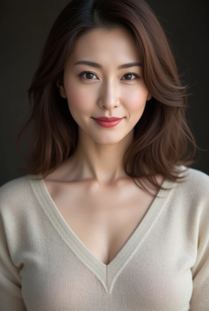 ultra high resolution, masterpiece, rough skin, very detailed, Photoreal, professional lighting, Depth of written boundary, sharp, (gray background), (Front view:1.2),(japanese mature, 38 year old woman is sexy), detailed face, beautiful eyes, bangs, good shape big breasts, light brown straight hair, faint lips, (Catch Eye:1.3),((stand in front、look at the audience, serious face eyes,)), sweater, theta, full body photo, cowboy shot,