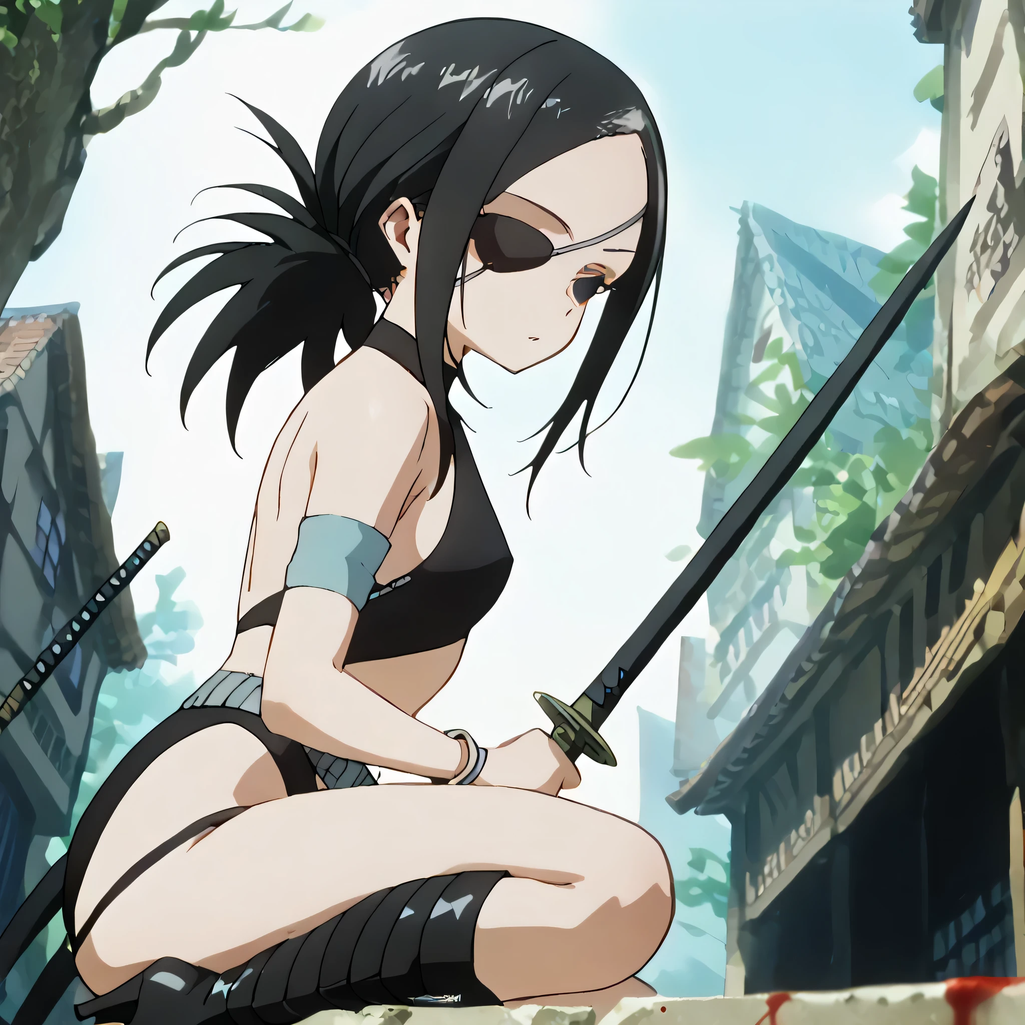 (((Masterpiece))), (((Best Quality))), ((Super Detail)), ultra-High resolution, score_9,score_8_up,score_7_up,score_6_up,score_5_up,score_4_up, BREAK, source_anime, anime screencap, uncensored, rating_explicit, Masterpiece, detailed beautiful eyes, outstanding, countershading, detailed soft lighting, an exquisite animation illustration, curvy, dark persona, empty eyes, blank eyes, looking at viewer, Fighting Stance, horizontal pupils, (((black leotard, clothing cutout))), high heel boots, knee boots, circlet, armlet, bracelet, belt, halterneck, (((solo, 1girl))), hair ornament, Shakuyaku, small breast, aogiri, black eyes, eyepatch, black hair, folded ponytail, katana, holding katana, village background, bloodhed, blood splatter, looking from side, view from side, from side