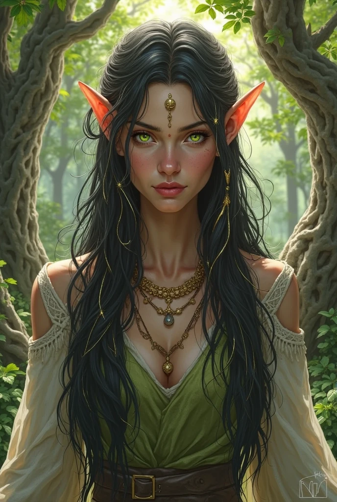 Super powerful elf with green eyes, dark brown hair with accessories