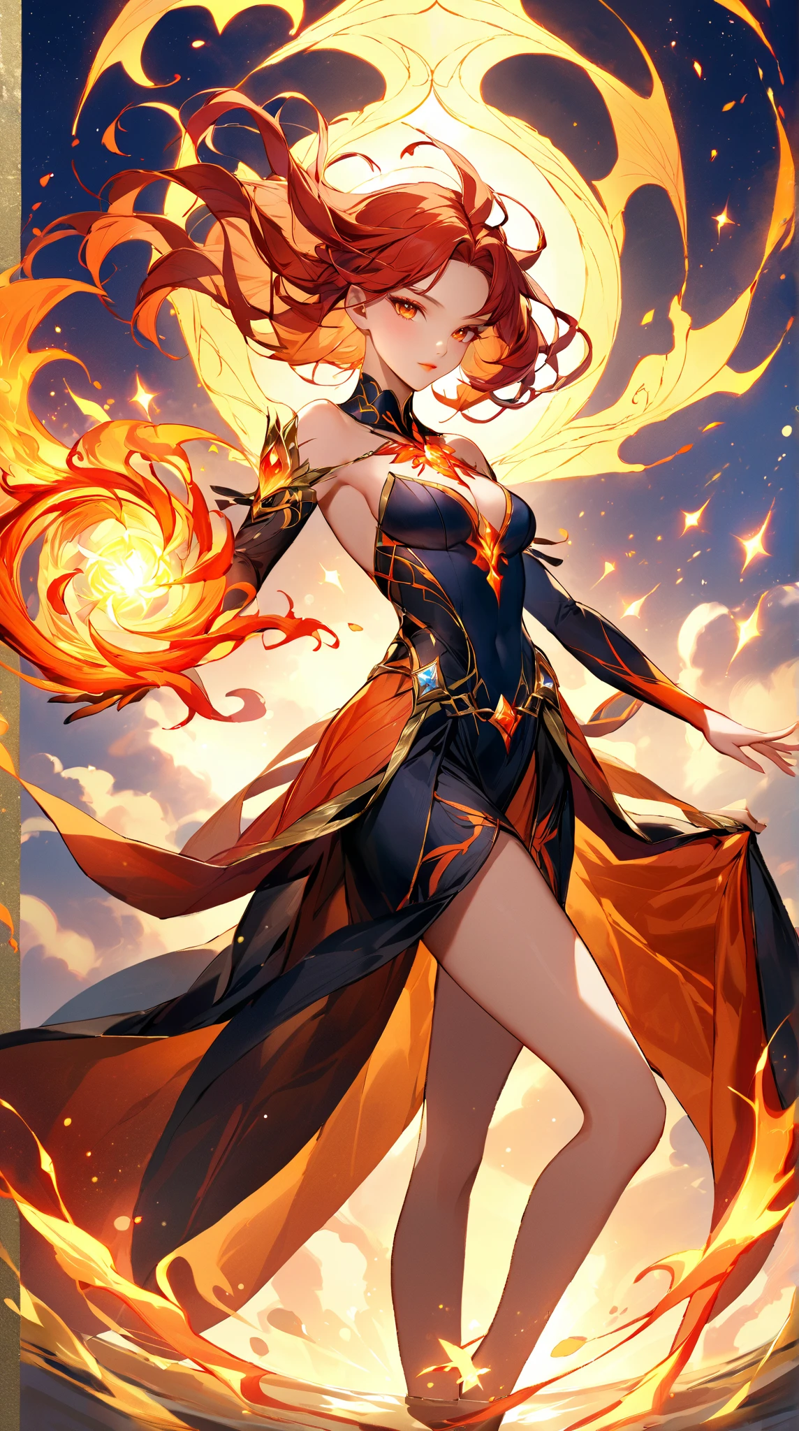 (((best quality, sharp image, clear image, cinematic lighting, 8k resolution, masterpiece, ultra detailed, intricate))) Girl, (((looking over left shoulder))), (shot from behind), ((shot from hip up)), fiery red hair, pigtails, ((intricate black dress)), ((flaming sigils, flaming runes)), spiky rock formations, (flaming lotus flowers frame), (intricate background), (chaotic background), (busy background), ((Phoenix)), (swirling flames), smiling,tatoo on back