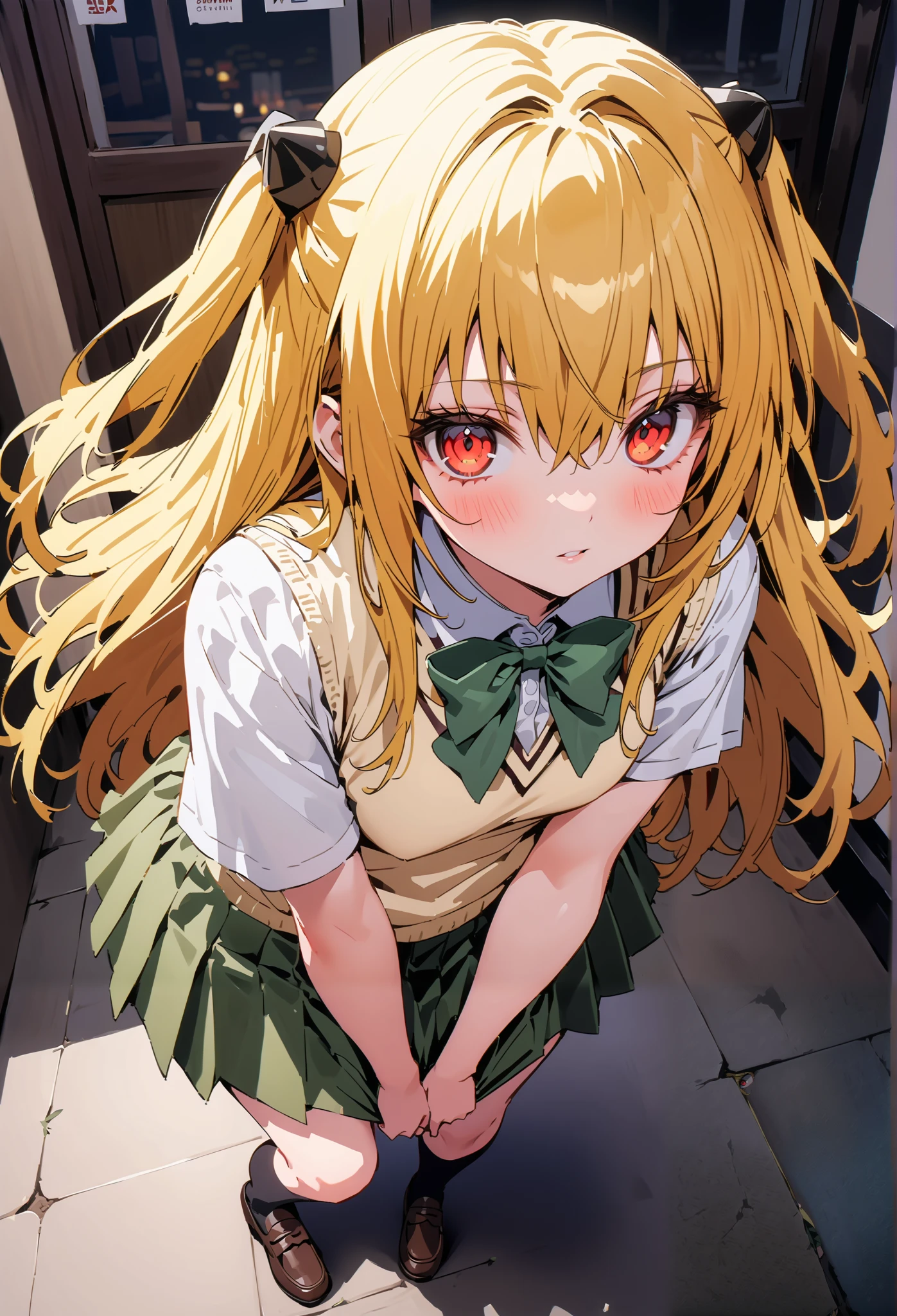 score_9, score_8_up, score_7_up, source_anime,
toloverudarkness, darkness, yellow hair , long hair, red eyes, hair ornaments close to the garden, two side up,
Sainan school uniform, shirt, white shirt, bow, green bow, skirt, green skirt, pleated skirt, short skirt,sweater , light brown sweater vest, short sleeve,Black socks,loafers, skirtタグ, eyelashes skirt tug, skirt, Lift of the Wind , mad at my anal, teary eyes in the store,embarrassing,close your mouth, staring at you,angle from above,noon,full bodyがイラストに入るように, break outdoors, School building,
break looking at viewer,full body,
break (masterpiece:1.2),Highest quality , kampala, Unity 8K Wallpaper ,(shape:0.8),( fine, beautiful eyes :1.6),It's a person ,full body写真,CG Details , ( perfect hands, complete anatomy),