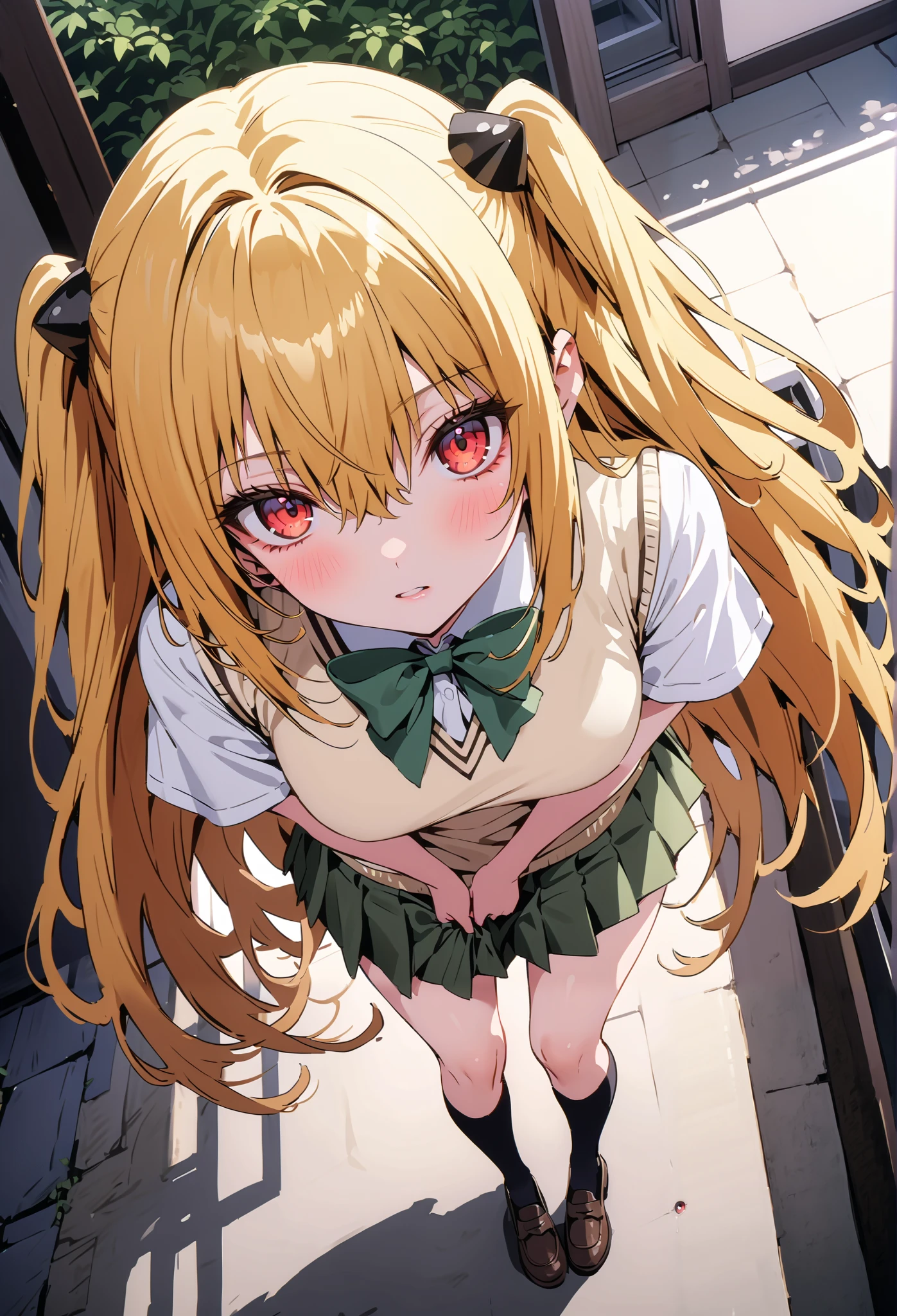 score_9, score_8_up, score_7_up, source_anime,
toloverudarkness, darkness, yellow hair , long hair, red eyes, hair ornaments close to the garden, two side up,
Sainan school uniform, shirt, white shirt, bow, green bow, skirt, green skirt, pleated skirt, short skirt,sweater , light brown sweater vest, short sleeve,Black socks,loafers, skirtタグ, eyelashes skirt tug, skirt, Lift of the Wind , mad at my anal, teary eyes in the store,embarrassing,close your mouth, staring at you,angle from above,noon,full bodyがイラストに入るように, break outdoors, School building,
break looking at viewer,full body,
break (masterpiece:1.2),Highest quality , kampala, Unity 8K Wallpaper ,(shape:0.8),( fine, beautiful eyes :1.6),It's a person ,full body写真,CG Details , ( perfect hands, complete anatomy),