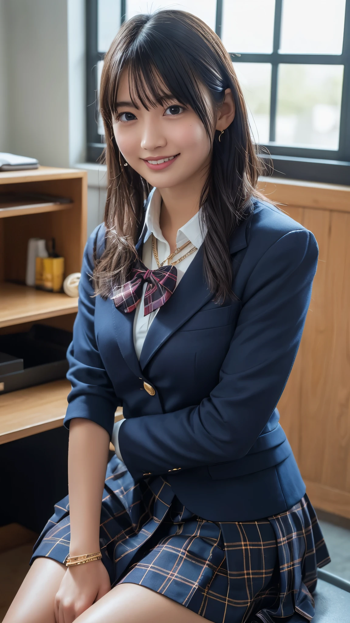 Arafed asian woman in a blue suit and plaid skirt sitting on a desk ...