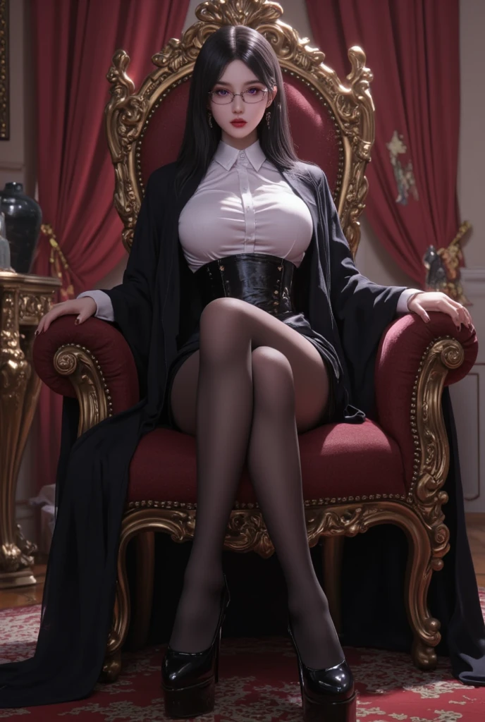 Royal sister, black silk, high heels, big breasts, long legs, open mouth, drooling, eyes turned up