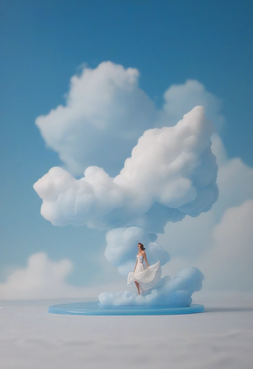 Generate a minimalist image of a figure walking on a bed of soft clouds, with a clear blue sky background and subtle details that convey tranquility