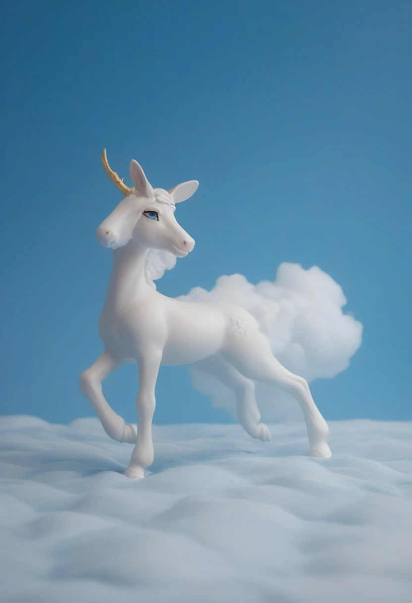 Generate a minimalist image of a figure walking on a bed of soft clouds, with a clear blue sky background and subtle details that convey tranquility