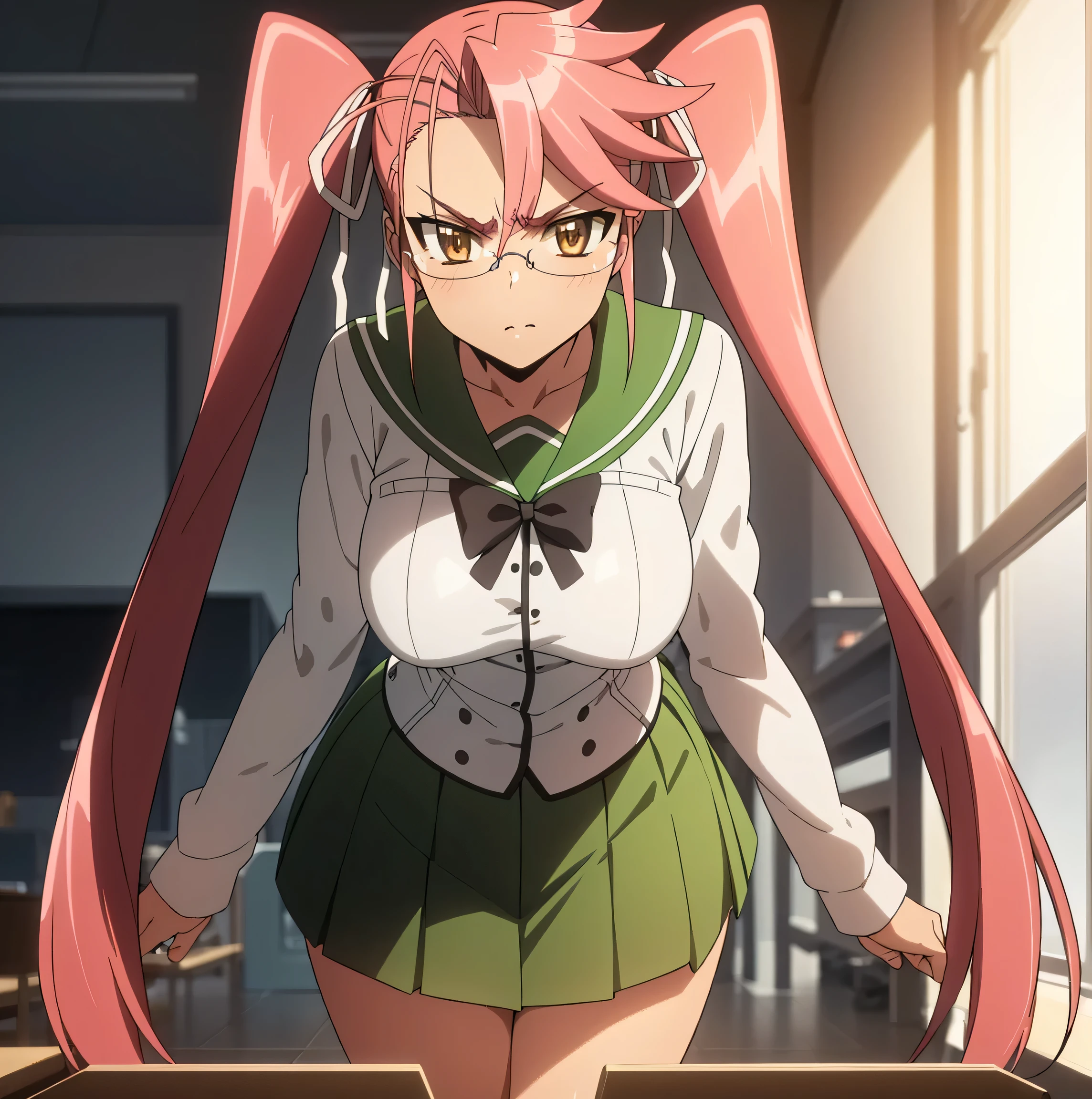  a girl, Alone, I&#39;m Takagi, long hair, Love,  dos coletas, (brown eyes: 1.5), hair Love, pink hair, glasses, skirt, shirt, white shirt, pleated skirt, collared shirt, neckline, sweater , gray skirt, Love, red Love, black sweater, looking at the spectator, Standing, leaning forward, with arms behind his back, angry, to throw( feet from the bottom),  indoors, classroom, big breasts,  medium waist , wide hips, middle thighs, round butt, (masterpiece: 1.2), the best quality, high resolution, Unidad 8K Fondo de pantalla, ( illustration: 0.8), (  beautiful and detailed eyes: 1.6), extremely detailed face, perfect lighting, cg extremely detailed (manos perfectas,  perfect anatomy ),