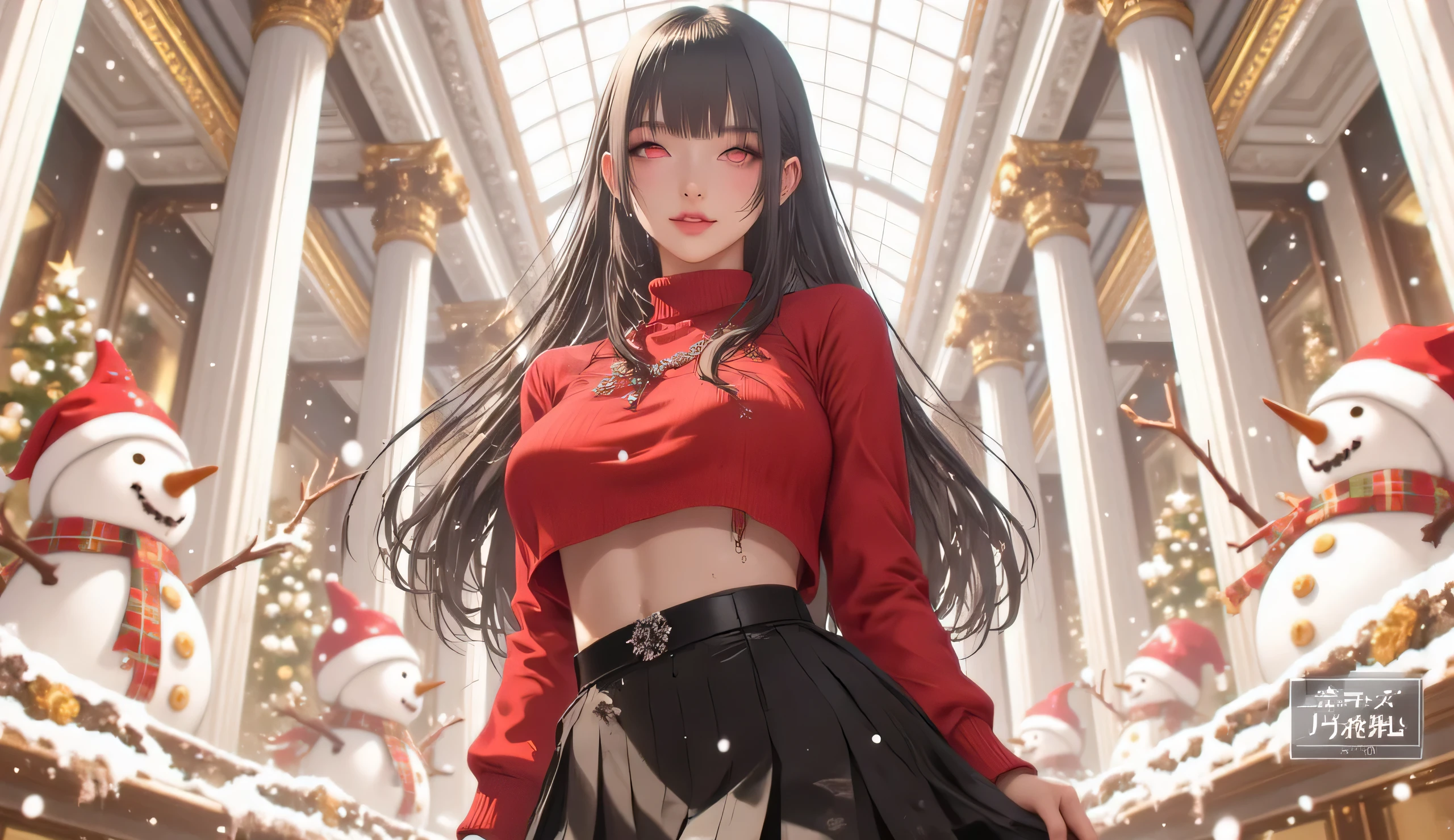 Masterpiece, Best Quality, Top Quality, Very Detailed, A cheerful anime girl with long, flowing black hair and striking red eyes, standing in an elegant winter-themed hall. She wears a festive red cropped sweater and a stylish black pleated skirt, exuding warmth and charm. Behind her, towering white columns and golden holiday decorations create a grand yet cozy atmosphere. Snowflakes gently fall around her, and adorable snowmen with Santa hats add a playful touch to the scene. The soft glow of winter sunlight filters through the glass ceiling, highlighting her joyful expression.