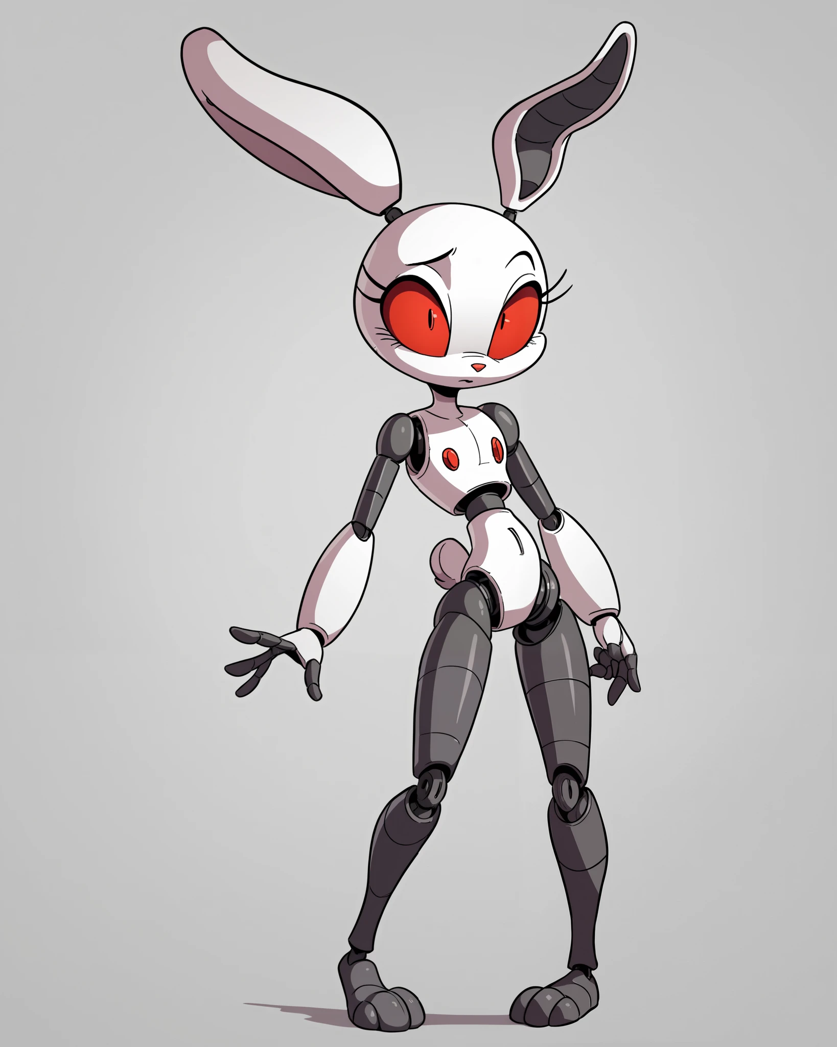 The image depicts "Cloud White", a robotic rabbit character, in a full-body front and back view. Here's a detailed description of its appearance:
Overall Design:
* Robotic: Cloud White is clearly a robot, indicated by the segmented limbs, visible joints, and smooth, metallic-looking surfaces.
* Rabbit Features: It has long, upright rabbit ears, a rounded head, and a generally streamlined, cartoonish design.
* Monochromatic: The primary color is white, creating a clean and simple aesthetic.
Detailed Features:
* Head:
* The head is a rounded dome shape.
* The face is a dark, featureless void, except for a single red dot that serves as an eye.
* The ears are tall and pointed, with a light blue inner ear detail.
* Body:
* The torso is relatively simple, with a slightly protruding chest area.
* The word "Cloud" is printed on the upper chest, suggesting a name or designation.
* The back view reveals three small blue dots on the upper back and a larger blue circle on the lower back, possibly indicating buttons or ports.
* Limbs:
* The arms and legs are segmented, with visible joints at the shoulders, elbows, hips, and knees.
* The hands are simple, mitten-like shapes.
* The feet are large and flat, providing a stable base.
Style and Impression:
* Minimalist: The design is minimalist, with clean lines and a limited color palette.
* Cute and Friendly: Despite being a robot, Cloud White has a cute and approachable appearance due to the rabbit features and rounded shapes.
* Slightly Mysterious: The dark, featureless face and single red eye add a touch of mystery.
In essence, Cloud White is a charming robotic rabbit character with a simple yet appealing design. The combination of robotic and animal features creates a unique and memorable look., tiny toons style, by diives,