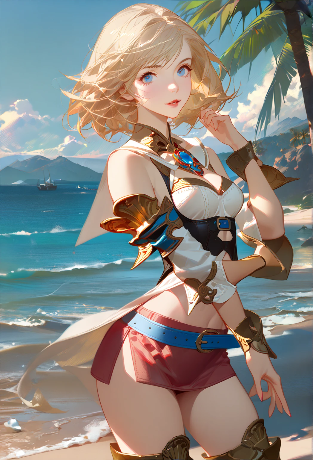 (masterpiece, best quality:1.3)
 <lora:epi_noiseoffset2:1> <lora:add_detail:0.7> <lora:ValkyrieProfileAlicia-000001:0.9>
ValkyrieProfileAlicia, 1girl, solo, blonde hair, at the beach, (bikini:1.5), sitting, cocktail waitress, fantasy, intricate, elegant, highly detailed, digital painting
