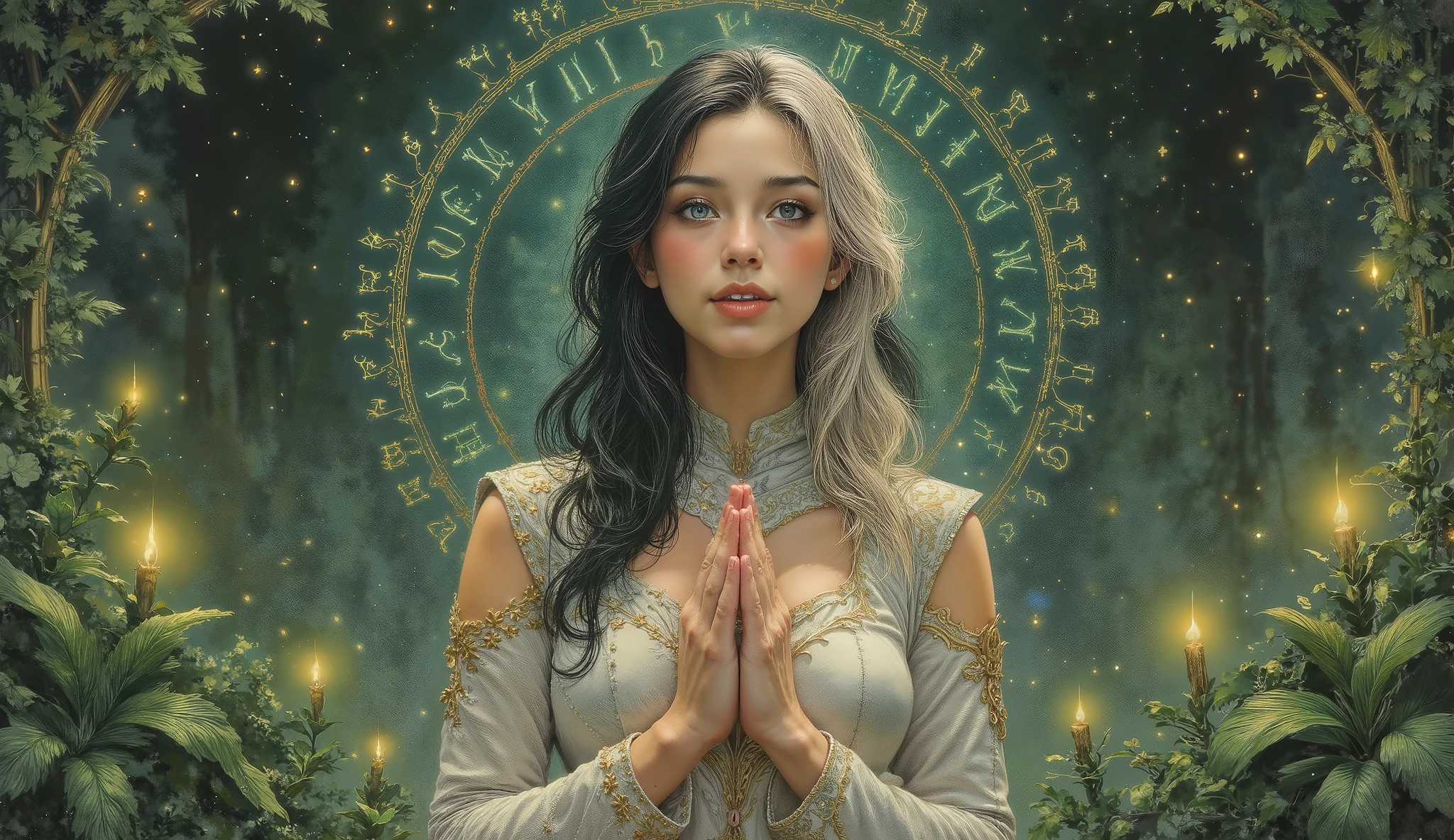 A beautiful anime-style girl with heterochromatic eyes (green and blue), long two-toned hair (white and black) with green highlights, surrounded by lush green foliage and mystical symbols. She wears an elegant fantasy-inspired outfit with gold and green accents, adorned with intricate magical patterns. Her expression is serene with a gentle smile and blushed cheeks. She gracefully clasps her hands together in a peaceful gesture. The background is filled with vibrant plants, glowing runes, and an ethereal atmosphere, blending nature and fantasy in a soft watercolor and cel-shaded art style