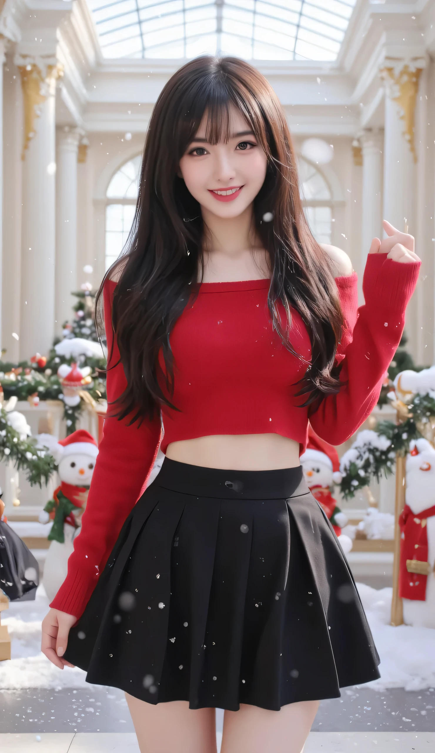 Masterpiece, Best Quality, Top Quality, Very Detailed, A cheerful anime girl with long, flowing black hair and striking red eyes, standing in an elegant winter-themed hall. She wears a festive red cropped sweater and a stylish black pleated skirt, exuding warmth and charm. Behind her, towering white columns and golden holiday decorations create a grand yet cozy atmosphere. Snowflakes gently fall around her, and adorable snowmen with Santa hats add a playful touch to the scene. The soft glow of winter sunlight filters through the glass ceiling, highlighting her joyful expression.