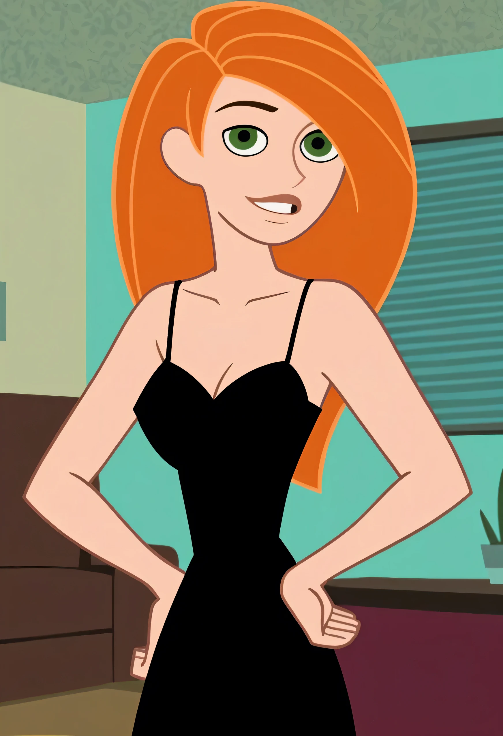 (masterpiece, best quality:1.3), 1girl, looking at viewer, kimberly ann possible, parted lips, upper body, standing, collarbone, bare shoulders, blush, colored skin, orange hair, long hair, absurdly long hair, green eyes, medium breasts, (skindentation:1.2), black dress, loose clothes, sleeveless, smile, thighs, indoor, gym background 