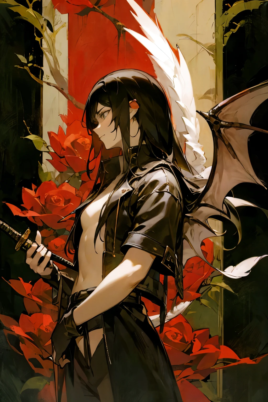 Emo Chen , rose bush , dragon ,heart,Feather,wing,[branch, A long-haired girl with a sword in her hand is half-naked and wearing a leather jacket ， Man's Face Behind 